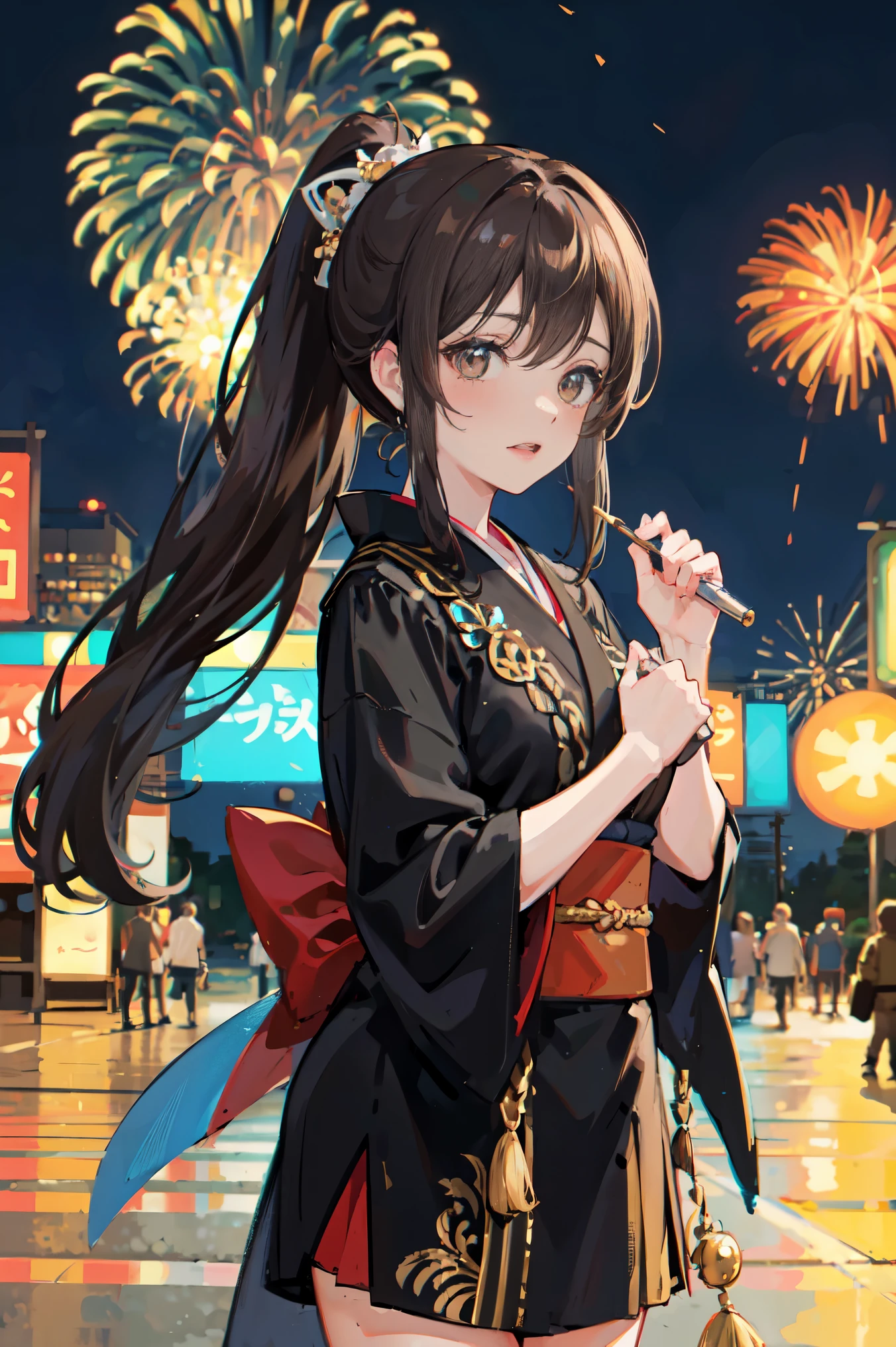 "anime girl, 1 person, dark brown hair, ponytail, ponytail, hairpin, brown eyes, kimono, dark brown kimono, elaborate patterned outfit, stockings, large breasts, blushing , solo, view from different directions, night, festival, New Year's Eve fireworks, watch fireworks (full HD Image 4K+)"