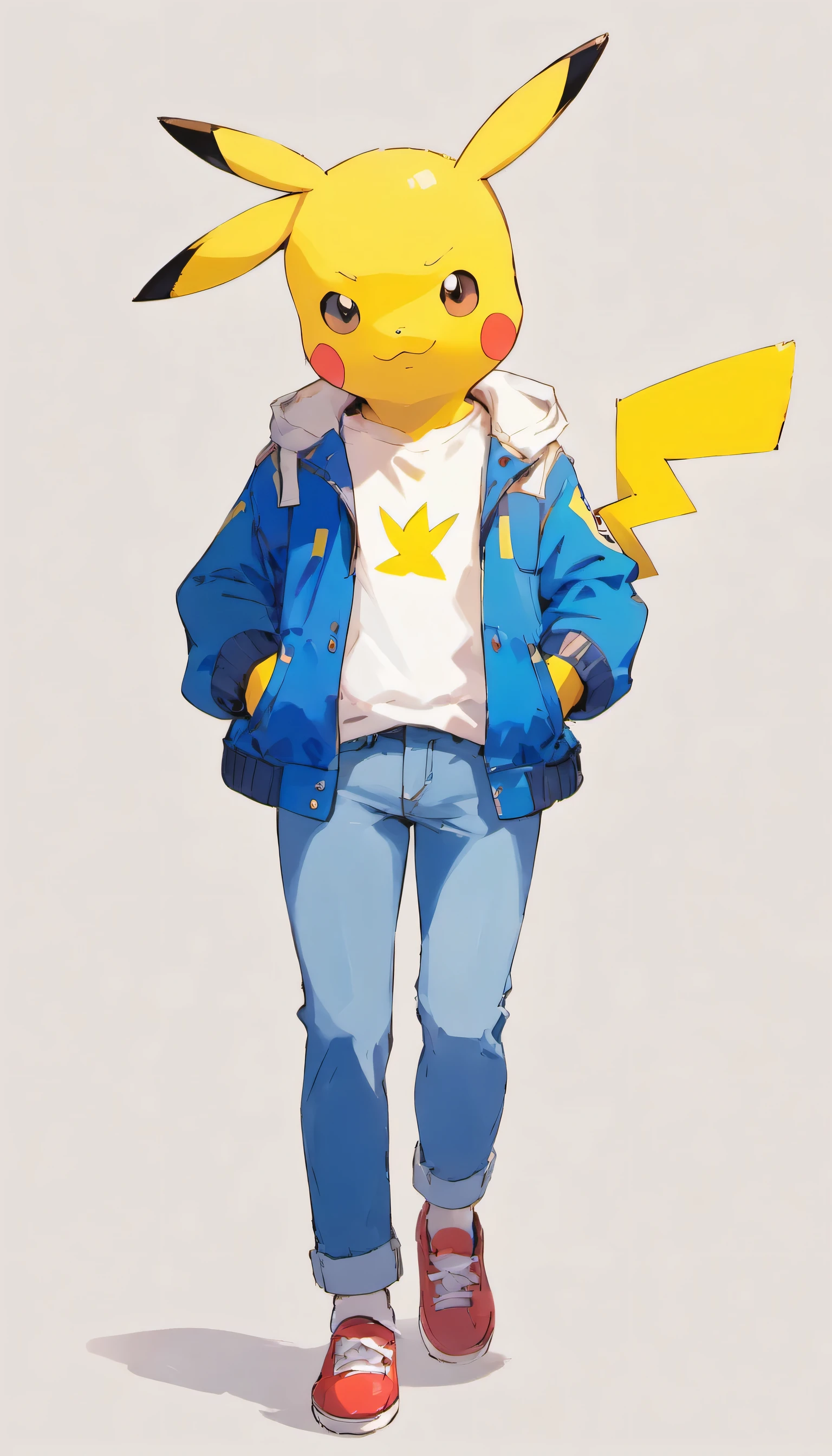 Pokemon: Pikachu wearing a white shirt、blue jacket and blue jeans
