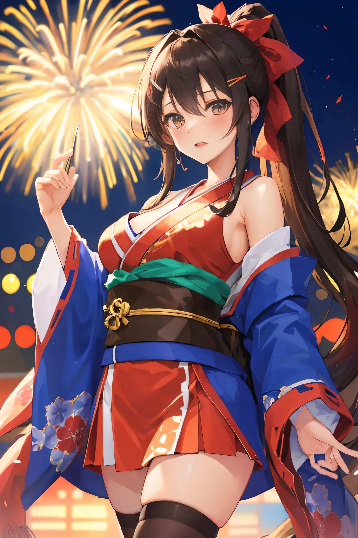 "anime girl, 1 person, dark brown hair, ponytail, ponytail, hairpin, brown eyes, kimono, dark brown kimono, elaborate patterned outfit, stockings, large breasts, blushing , solo, view from different directions, night, festival, New Year's Eve fireworks, watch fireworks (full HD Image 4K+)"