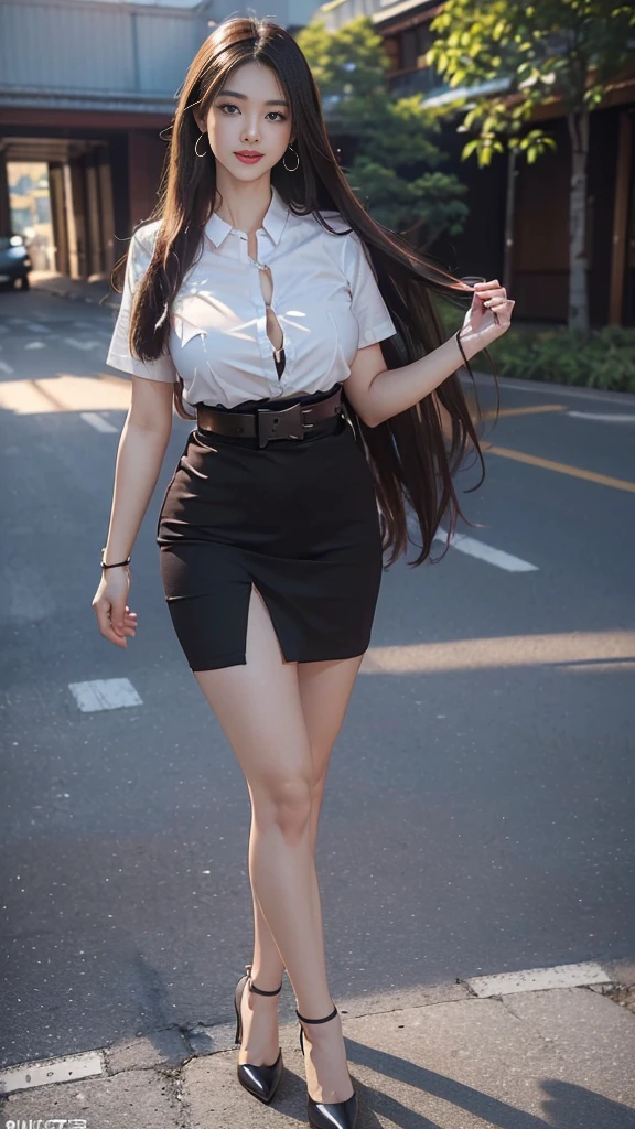 highest resolution, 8K, high definition, Realistic photos, (((My hair is very long.:1.3, Extra long:1.4, straight hair:1.3))), Thai Students, Half Thai, half Japanese, half Korean., Height 173 centimeters, (((stand, walk))), ((Beautiful face, แต่งBeautiful face, Double eyelids, red lips, smile at the corner of the mouth, beautiful eyes)), ((Beautiful Woman, The texture is realistic.)), ((Slim white short-sleeved shirt:1.3, collar shirt, Matte black short pencil skirt, Very short, Side incision, กระโปรงสีดำด้านพร้อมbeltผู้หญิง, tight)), ((Huge breasts:1.3, Breast augmentation:1.4, เต้าBig tits, Big tits, Plump milk, Fluffy milk, Huge breasts:1.3)), ((Symmetrical shape, sexy figure:1.4, Thin, slim, small waist, Long legs, Beautiful thighs)), ((Pitch black high heels, earring, Put on a watch, belt)), (((full body, Look at every part of the body.))), university backdrop, building, building, lawn, outdoor sports field