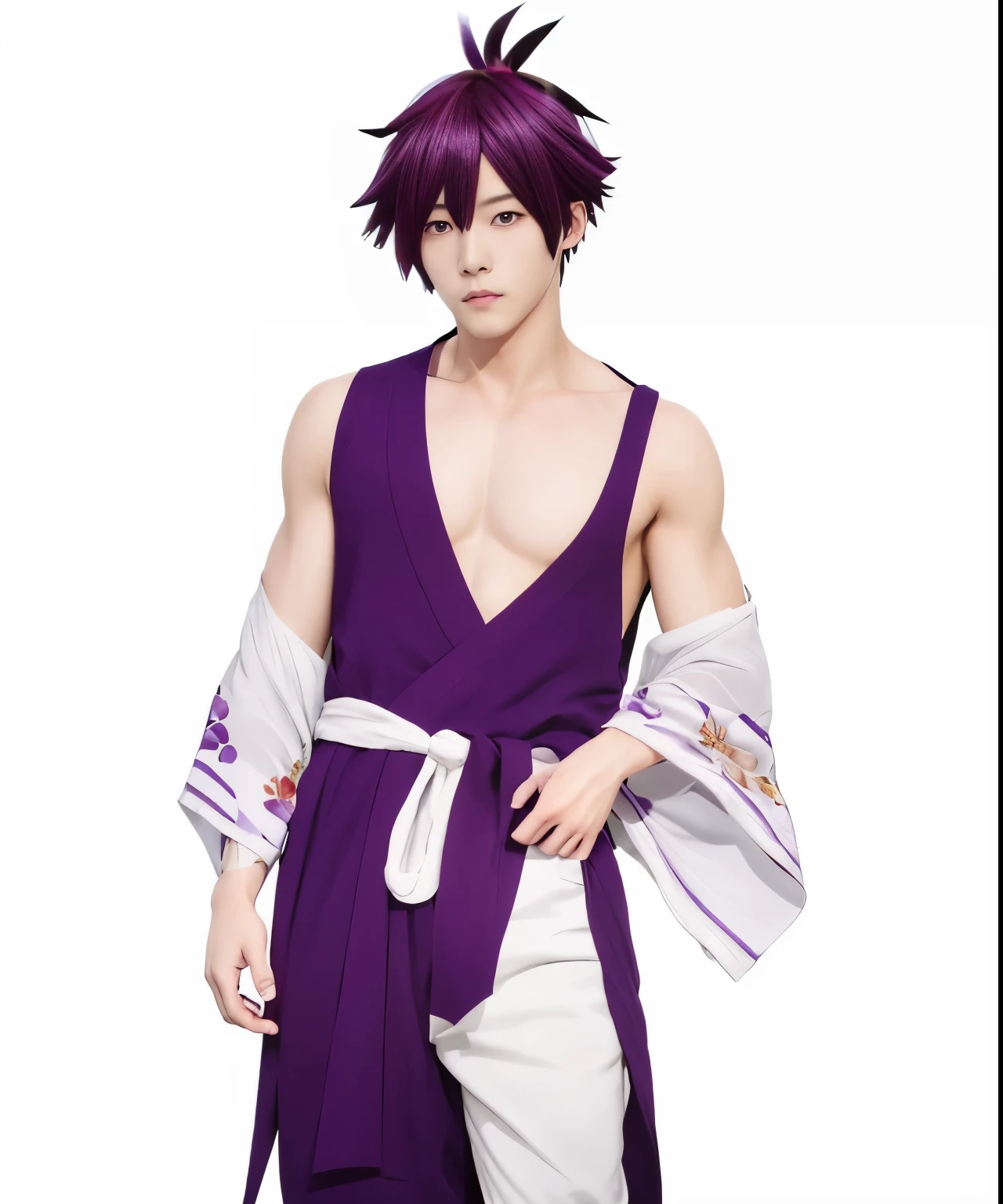 man wearing purple kimono、Enchanting anime boy、solo、Commission for high resolution、Purple hair boy with short ponytail、Purple hair boy with short ponytail、Red-eyed boy、anime male characters、male action anime boy、Enchanting anime boy、anime moe art style、exposed chest、official art、best anime boy、Boy standing、smile、Anime visual of a young boy、Charming anime boys、male focus、Bare shoulders、bare legs、bare arms、bare thighs、