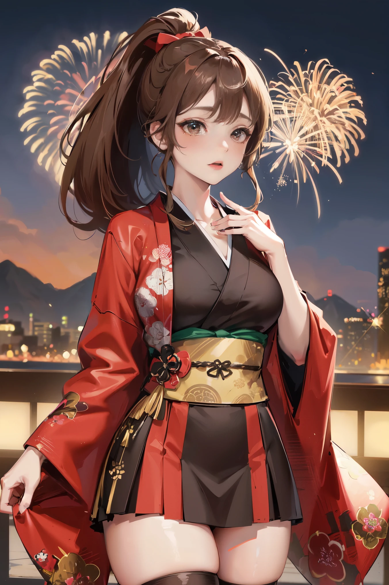 "anime girl, 1 person, dark brown hair, ponytail, ponytail, hairpin, brown eyes, kimono, dark brown kimono, elaborate patterned outfit, stockings, large breasts, blushing , solo, view from different directions, night, festival, New Year's Eve fireworks, watch fireworks (full HD Image 4K+)"