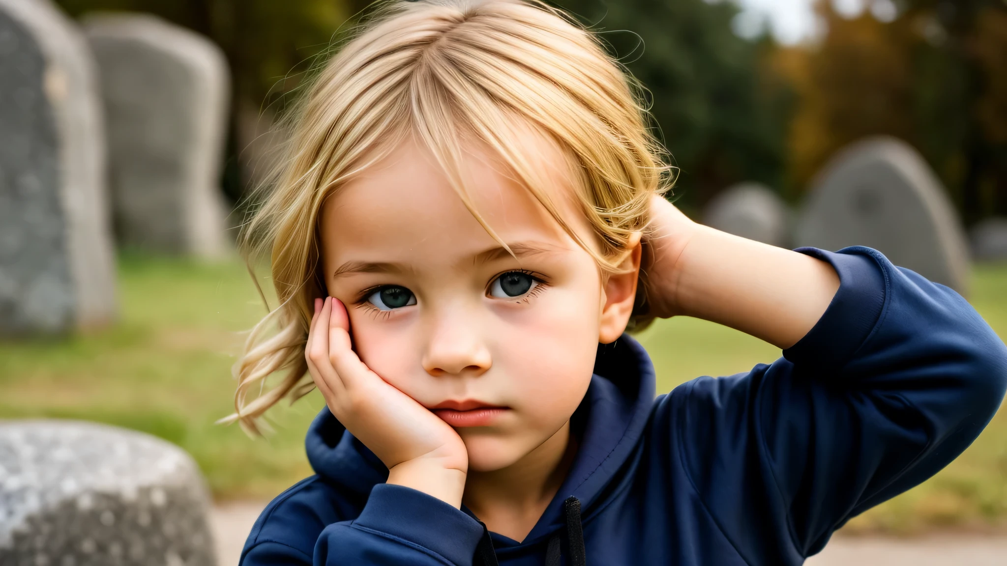KIDS GIRL BLONDE in a black hoodie holding her head in her hands, circle of stone