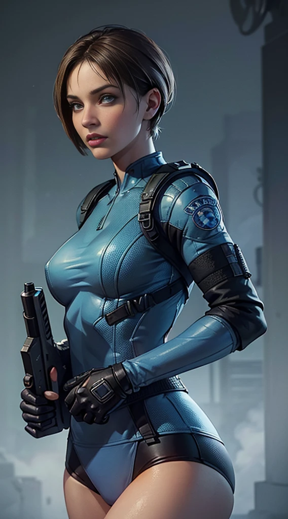 (Highest image quality, outstanding details, ultra-high resolution), (jill valentine: 1.4), favor details, highly condensed 1 beautiful slutty girl, with a delicate and beautiful face, ((cowboy shot)), (chubby:0.4), (wearing blue racing suit likes police uniform, black and grey mecha, wearing military harness, holding a machinegun), background raccoon city,