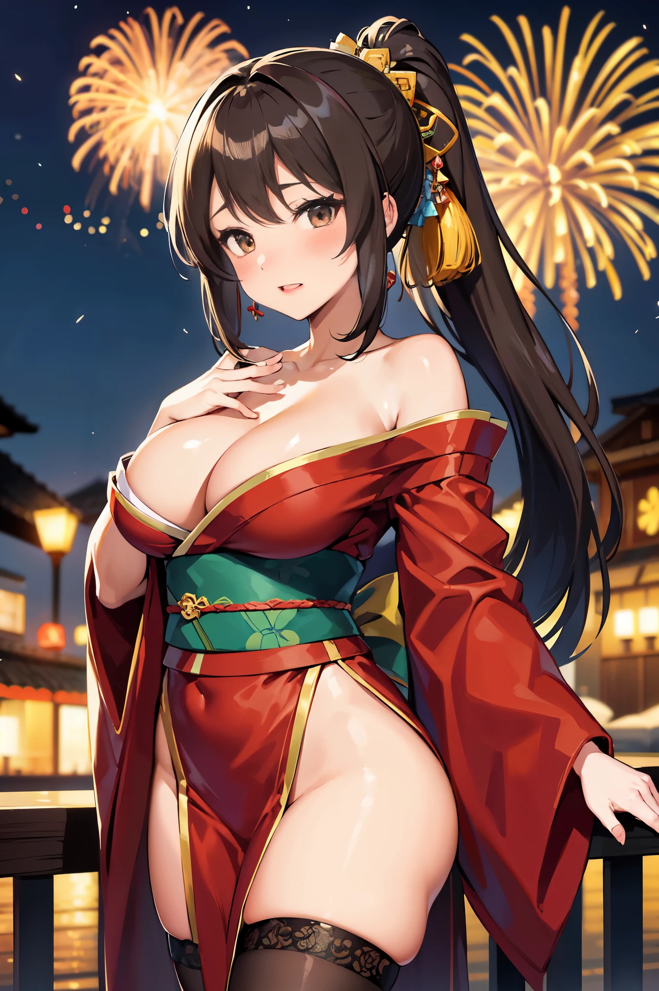 "anime girl, 1 person, dark brown hair, ponytail, ponytail, hairpin, brown eyes, kimono, dark brown kimono, elaborate patterned outfit, stockings, large breasts, blushing  , solo, view from different directions, night, festival, New Year's Eve fireworks, watch fireworks (full HD Image 4K+)"