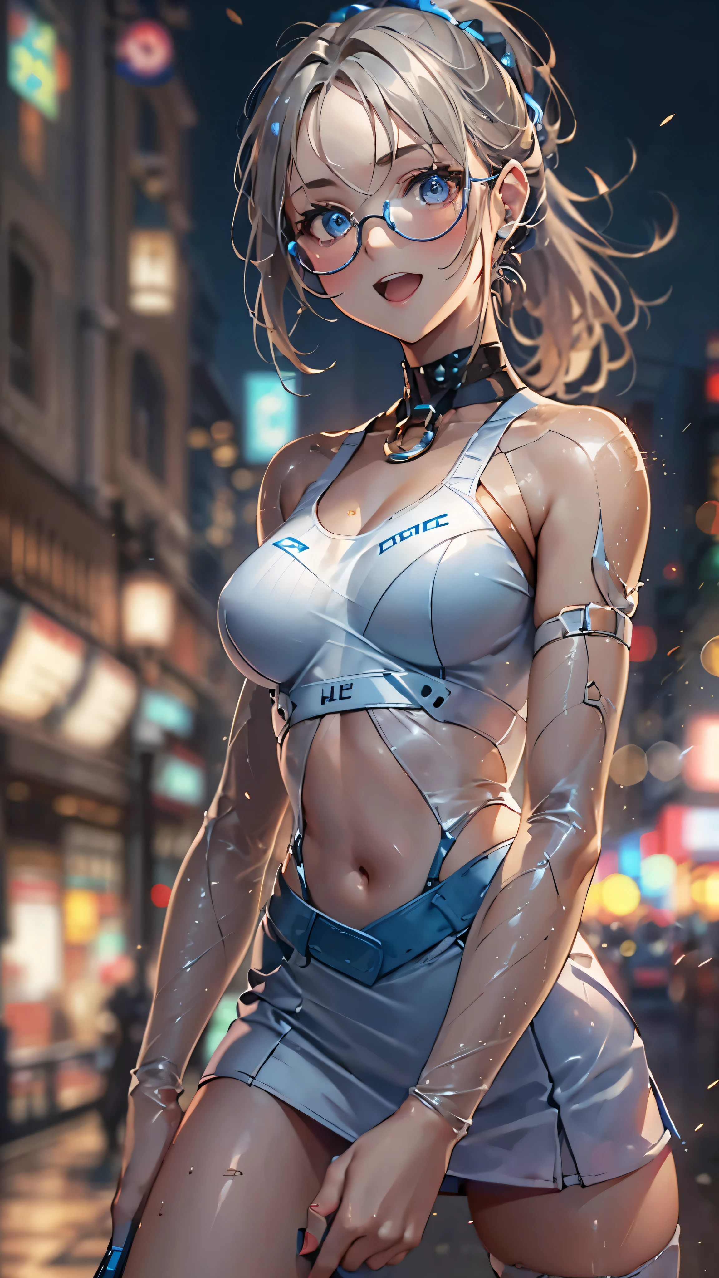 woman,,,city,night,(((white and blue tight miniskirt bodysuit))),,open mouth smile((See-through))Glasses,((Beautiful long ponytail)),((baby girl bohape))((blonde))