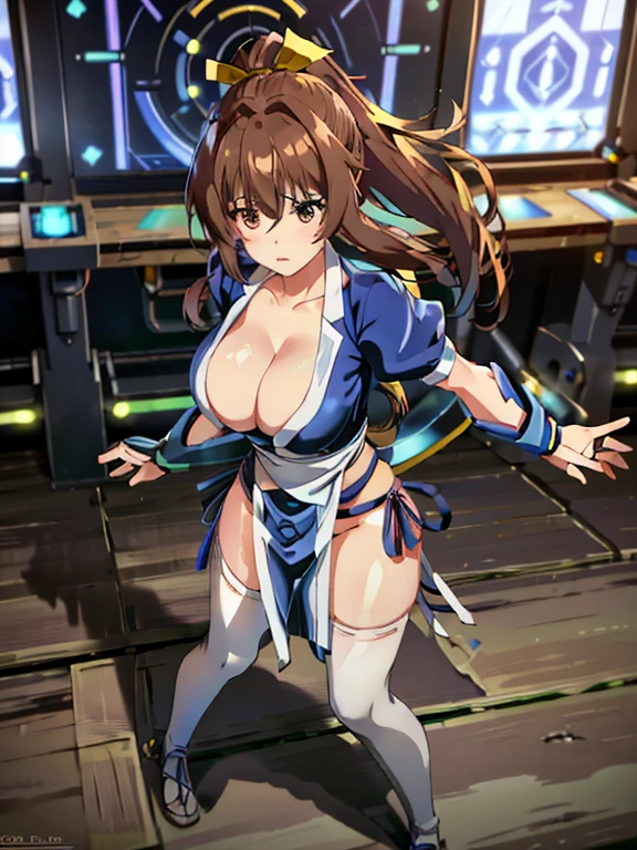 (masterpiece, best quality:1.3)
KasumiDOA, 1girl, solo, long hair, breasts, looking at viewer, bangs, large breasts, brown hair, thighhighs, dress, ribbon, cleavage, brown eyes, medium breasts, underwear, standing, panties, hair ribbon, braid, short sleeves, cowboy shot, japanese clothes, puffy sleeves, white thighhighs, puffy short sleeves, lips, sash, pelvic curtain, yellow ribbon, realistic, nose, arm guards, kote,hypnosis,Upright Pose,(Inside a futuristic and complex laboratory:1.6),(hands and feet tied to machines)