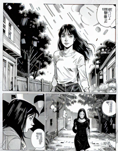 American comics, The comic story is presented in multiple irregular panels with color. -yeld giwalks to school in the rain. El estilo es exagerado y detallado