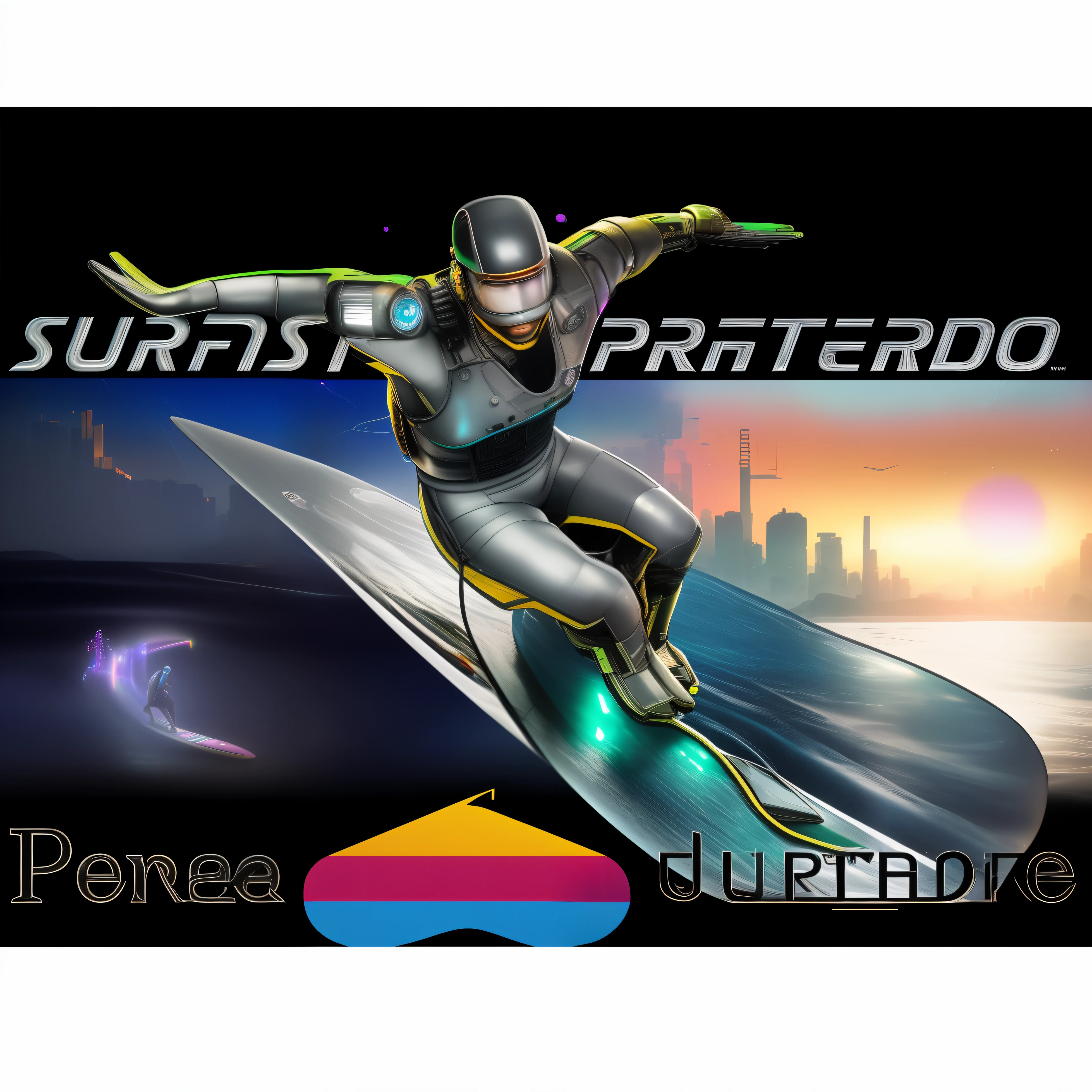 blurred image of a man surfing on a surfboard with a rainbow background, iridescent illustration, surreal, um defensor retropunk da natureza;, inspirado em Federico EMribe, puerto rican EMer hero, diamond plated EMerhero, EM, pittura metafisica, Filipe Pantone, inspirado em Porfirio DiDonna, high resolution, CYBERPEMNK,