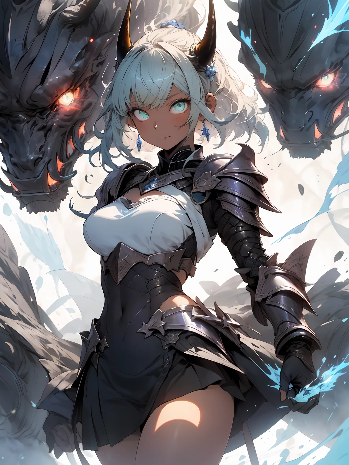 be realistic,(masterpiece,highest quality,highest quality,very detailed,fractal art,most detailed,(abstract background:1.5)(1 girl),Kamimei,(hair length),(green eyes shine、Breasts get bigger,stunned),crystallization,sexy、machine armor、tanned skin、Blake、Devil's horn、berserk , (burning blue flame:1.4),(black mini skirt)