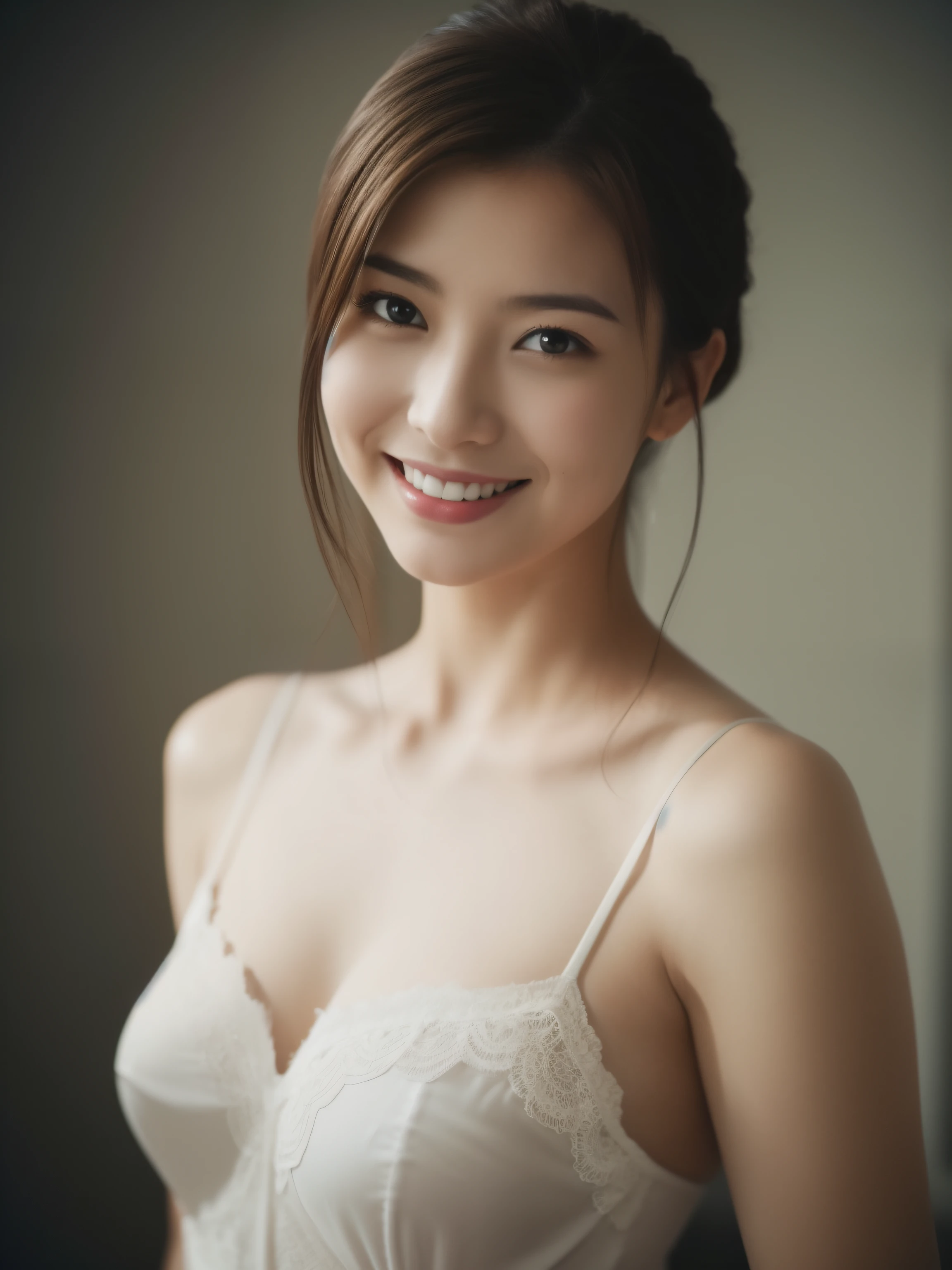 beautiful 25 year old woman。she is wearing a satin camisole。Lace on the chest and hem.。She looks ecstatic as if she had an orgasm during sex..。her dark brown hair、、her hair is long。High resolution、masterpiece、highest quality、Head w:1.0、((Hasselblad Photos))、fine skin、fine knit、(movie lighting)、clavicle . She doesn't look at the camera. she is smiling