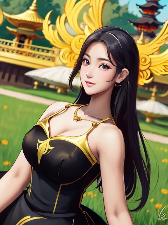 masterpiece, best quality, girl, solo, ((mature female)),, long hair, hair, princess, black dress(dress) (golden dress) fantasy, happy, looking at viewer, cartoon, anime, (oil painting)Burmese girl, 18 years old, Bagan pagoda view background, clear Hd 8k