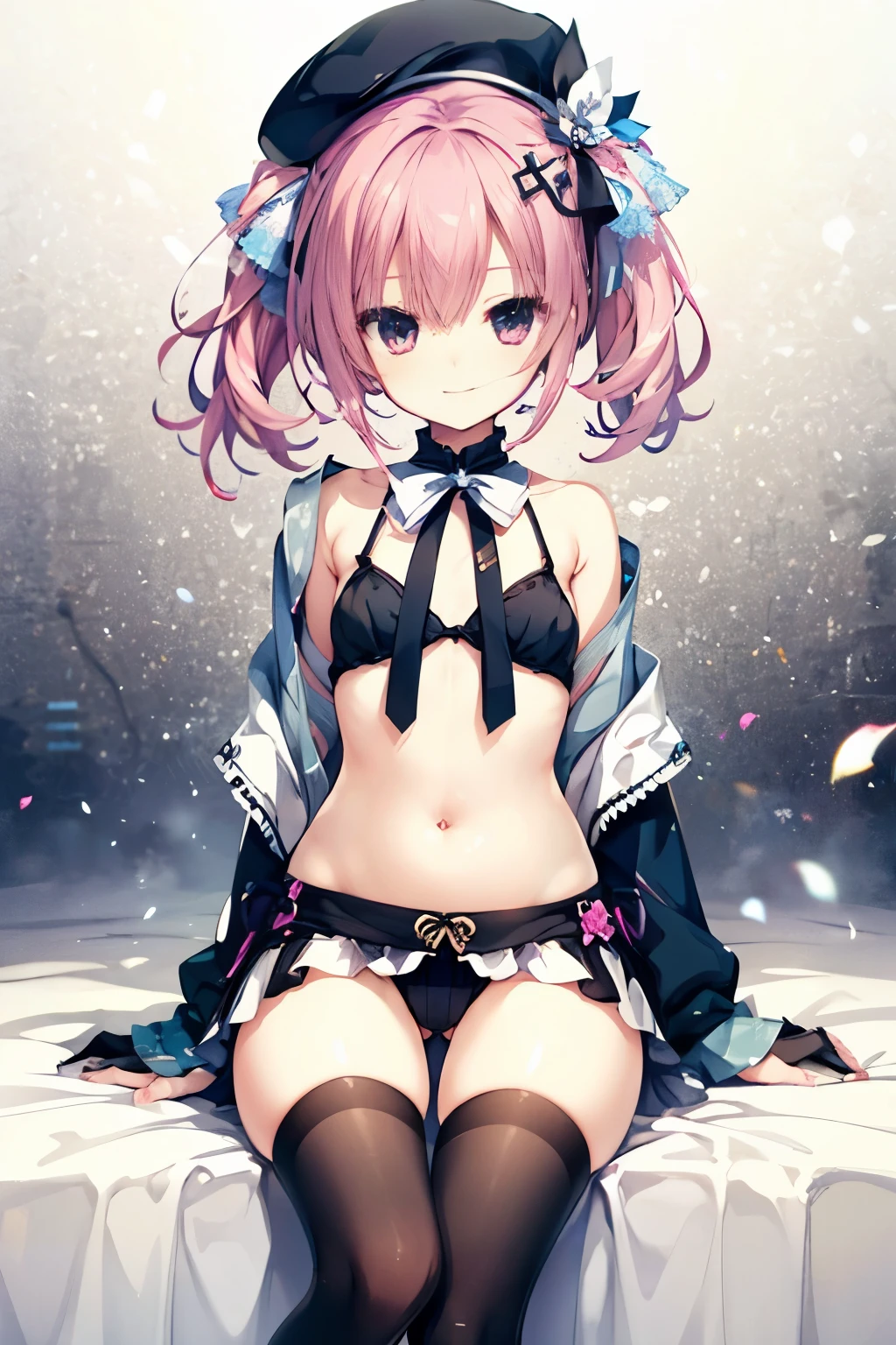 ,pink hair,twin tails,small breasts,bare chest,evil smile, high resolution, beret,ribbon,(magical girl costume),nimbly,plump thighs,striped stockings,simple background