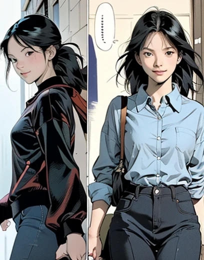 American comics, The comic story is presented in multiple irregular panels with color. walks to school in the rain. El estilo es exagerado y detallado