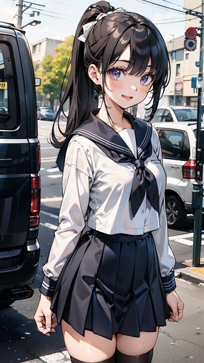 body 8 times longer than head, (Highly detailed CG unity 8k), （highest quality），（very detailed），（ultra high resolution）, black hair, High school girl wearing a navy sailor suit, Anime 2D rendering, realistic young anime high school girl, （White headband）, smile, purple eyes, small breasts, tall, slanted eyes, school scenery, black stockings, bright color, open your mouth a little, Dark blue skirt, ponytail, Tie your hair with a white ribbon, 