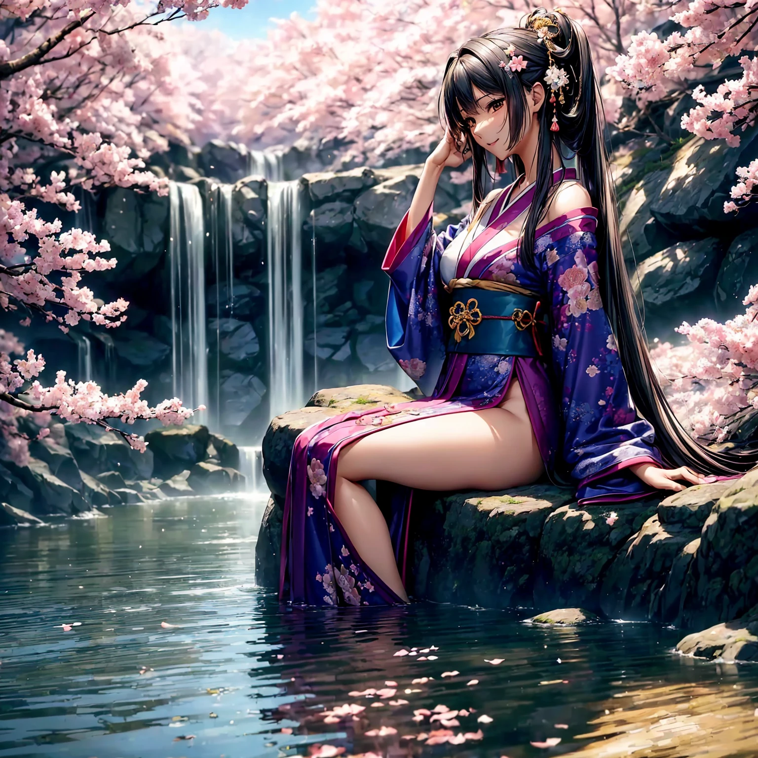 (((highest quality、masterpiece、very high resolution、highly detailed images、detailed details)))、(A woman of perfect and ultimate beauty:18-year-old, beautiful body:Slender and beautiful breasts、beautiful face:smile、beautiful hair:various hairstyles)、(best skin and hair texture)、((japanese kimono:Beautiful Japanese pattern and colorful,shoulders are exposed,I can see my thighs)),(Fantastic waterside,There is a waterfall,Night cherry blossoms and lanterns,mysterious night sky,natural light,beautiful scenery,beautiful scenery),(beautiful pose:sitting,model shoot),bijinga,Overall image、highly detailed images、accurate image:1.5、accurate anatomy:1.5、Image without defects,perfect image,Overall image,(best shot,RAW photo:1.2)