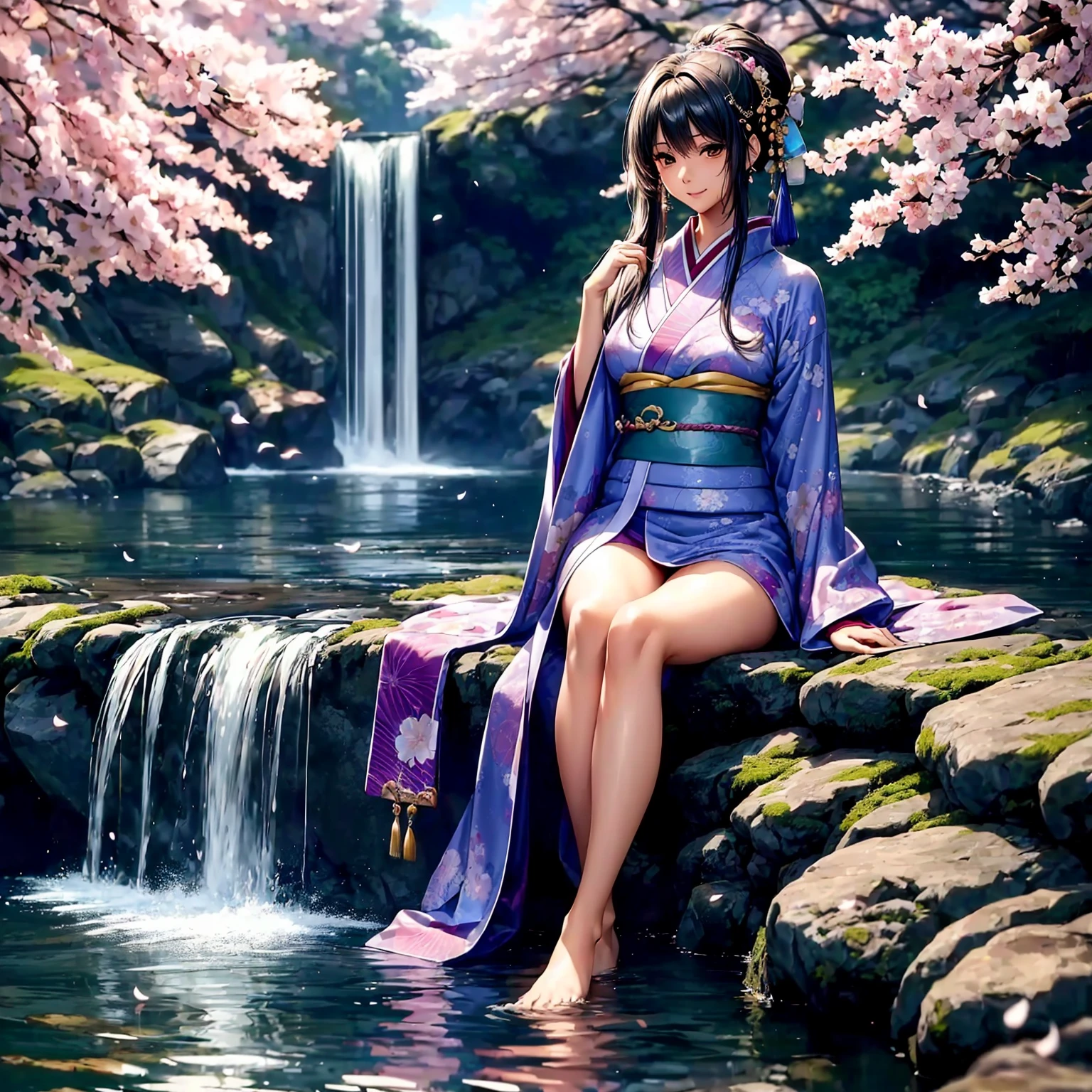 (((highest quality、masterpiece、very high resolution、highly detailed images、detailed details)))、(A woman of perfect and ultimate beauty:18-year-old, beautiful body:Slender and beautiful breasts、beautiful face:smile、beautiful hair:various hairstyles)、(best skin and hair texture)、((japanese kimono:Beautiful Japanese pattern and colorful,shoulders are exposed,I can see my thighs)),(Fantastic waterside,There is a waterfall,Night cherry blossoms and lanterns,mysterious night sky,natural light,beautiful scenery,beautiful scenery),(beautiful pose:sitting,model shoot),bijinga,Overall image、highly detailed images、accurate image:1.5、accurate anatomy:1.5、Image without defects,perfect image,Overall image,(best shot,RAW photo:1.2)