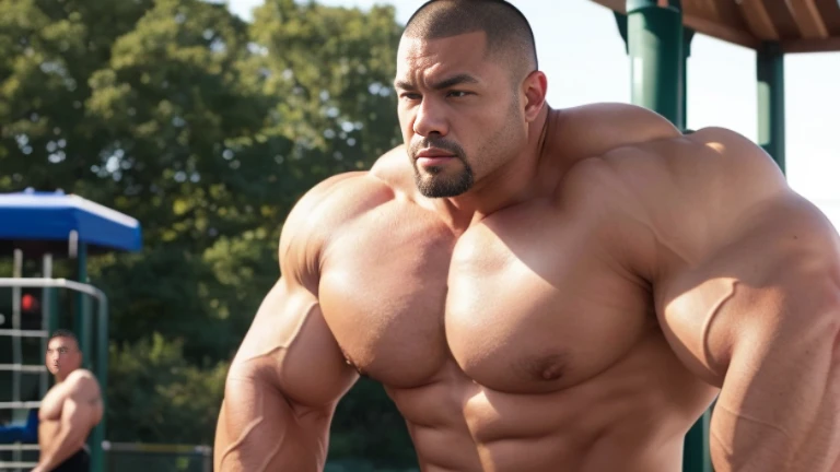 (Highly detailed 8K wallpaper), asian man, muscle worship, fold your arms, On the playground, baseball uniform, high detail, very short hair, skin head, Circular cut, very large and strong body, bulging muscles, muscular, very large pectoral muscles. Very sexy abs, legs are muscular, Toned figure, brightens oily skin, muscular, Tank top, T-shirt, long shot, wide shot
