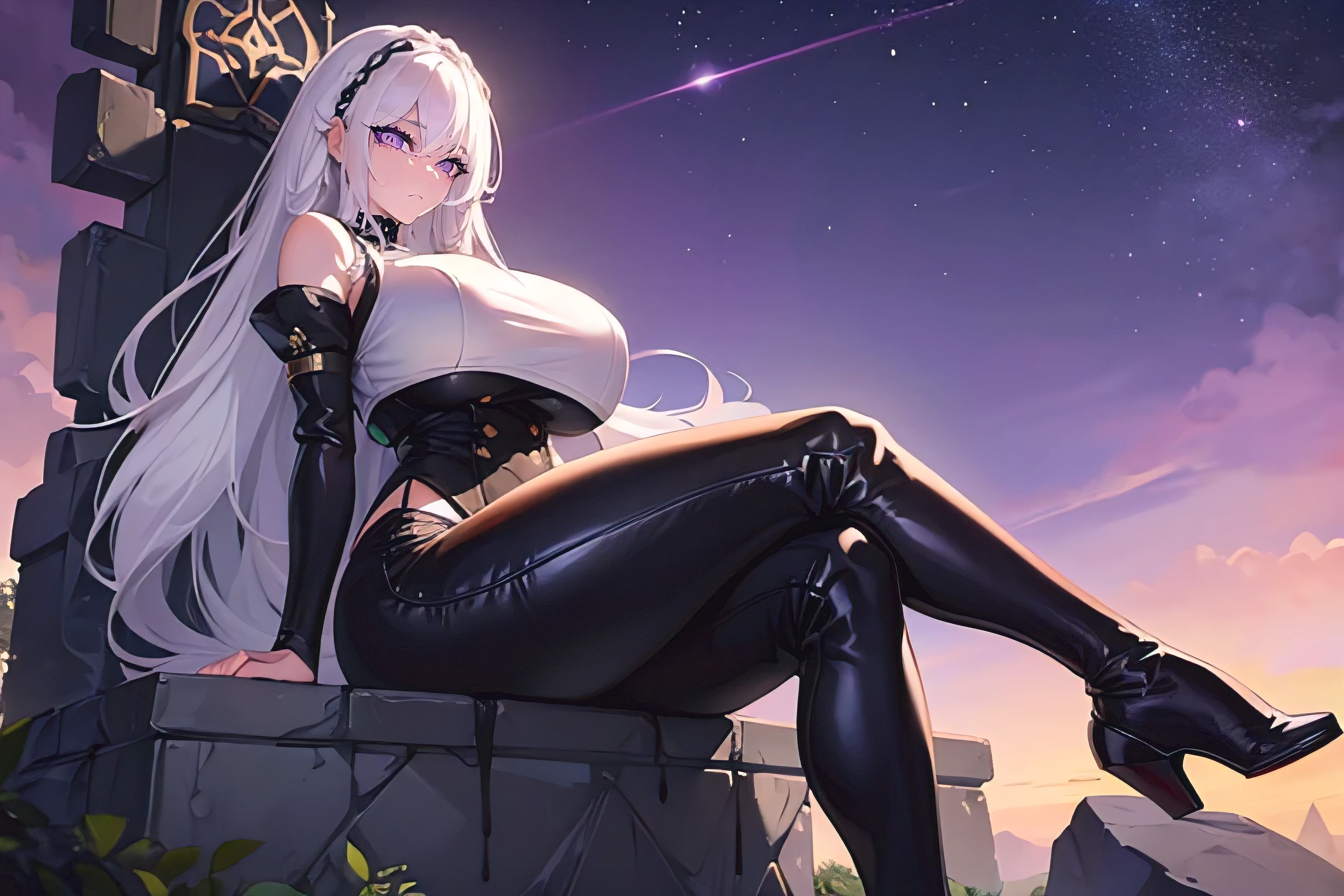 Masterpiece, best quality, 1 girl, long hair, big bust, ((White Hair)), ((long hair)),((Black top)),Black Tight pants,Sexy,Sensual,Purple eyes,Serious, emotionless, adult woman, seductive, hands on hips, ((chubby body)), ((Nice Thighs, Huge , Huge Breasts)), (Purple sky in the background, destroyed stone walkway, stars in the sky), ((Dominant look, Serious look, Indifferent look)), Beautiful Eyes, Perfect Eyes, ((Sitting on a stone throne, with her legs crossed))