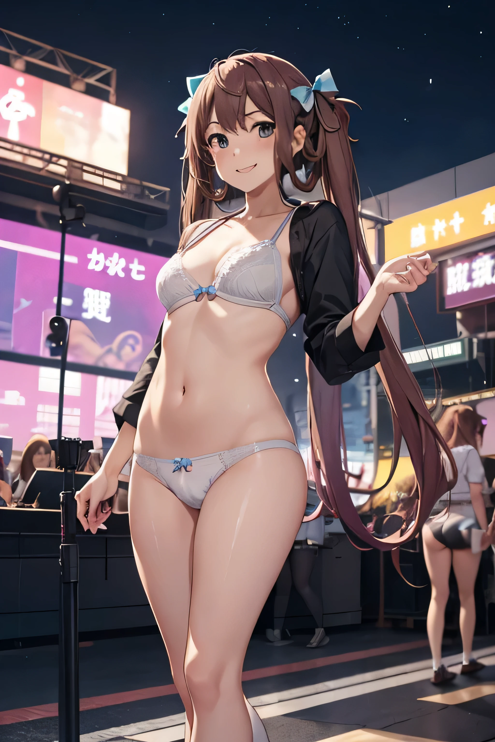 Asagumo KC, (hair) ribbon, Completely naked, underwear:1.5, panties:1.5, good:1.5, headset, underwear姿で歌う, shoes, 長hair, twin tails, 茶hair, full body shot, audience席から見上げる, smile, front, (outdoor, outdoor stage, on stage, night, audience),