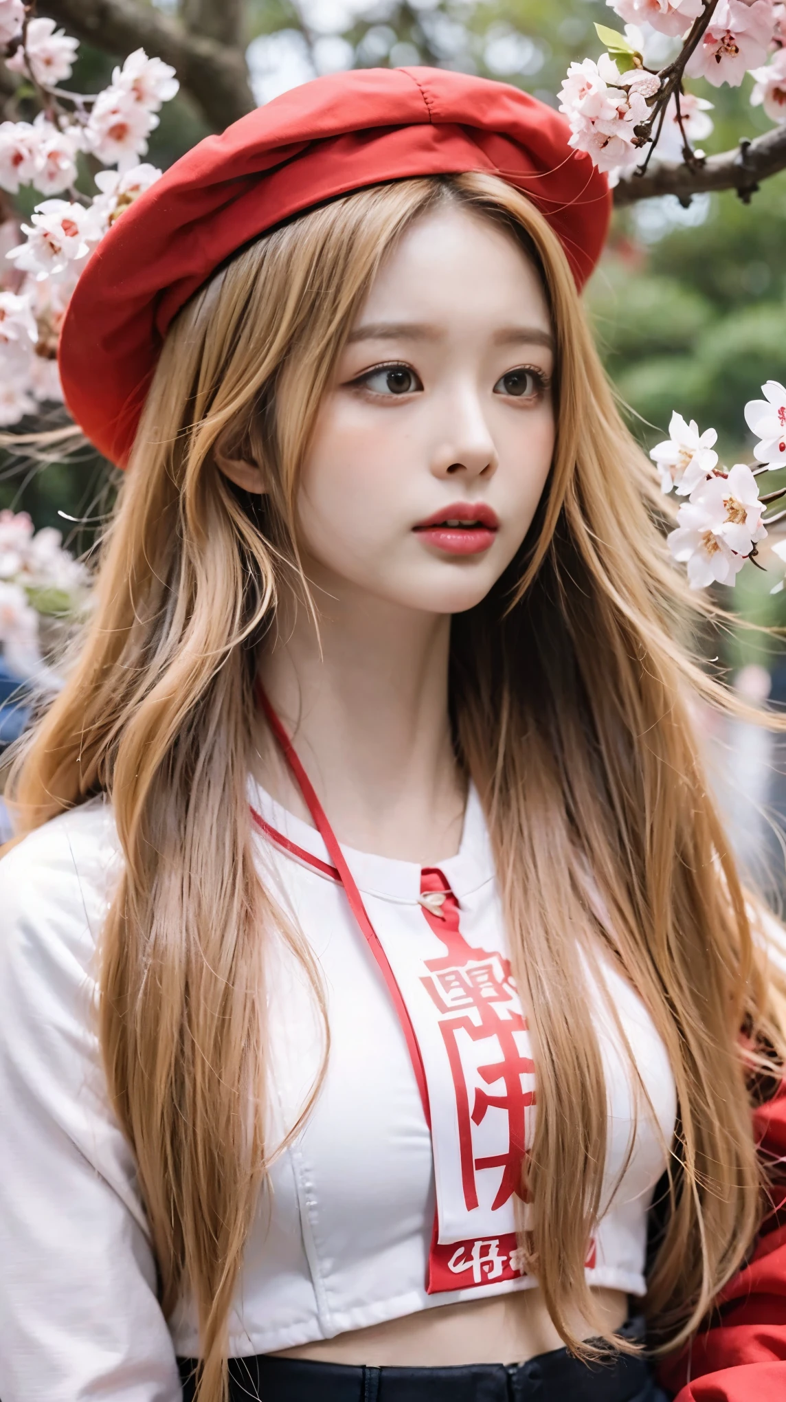 Close up a woman long blonde hair wearing red crop top shirt in the sakura forest 