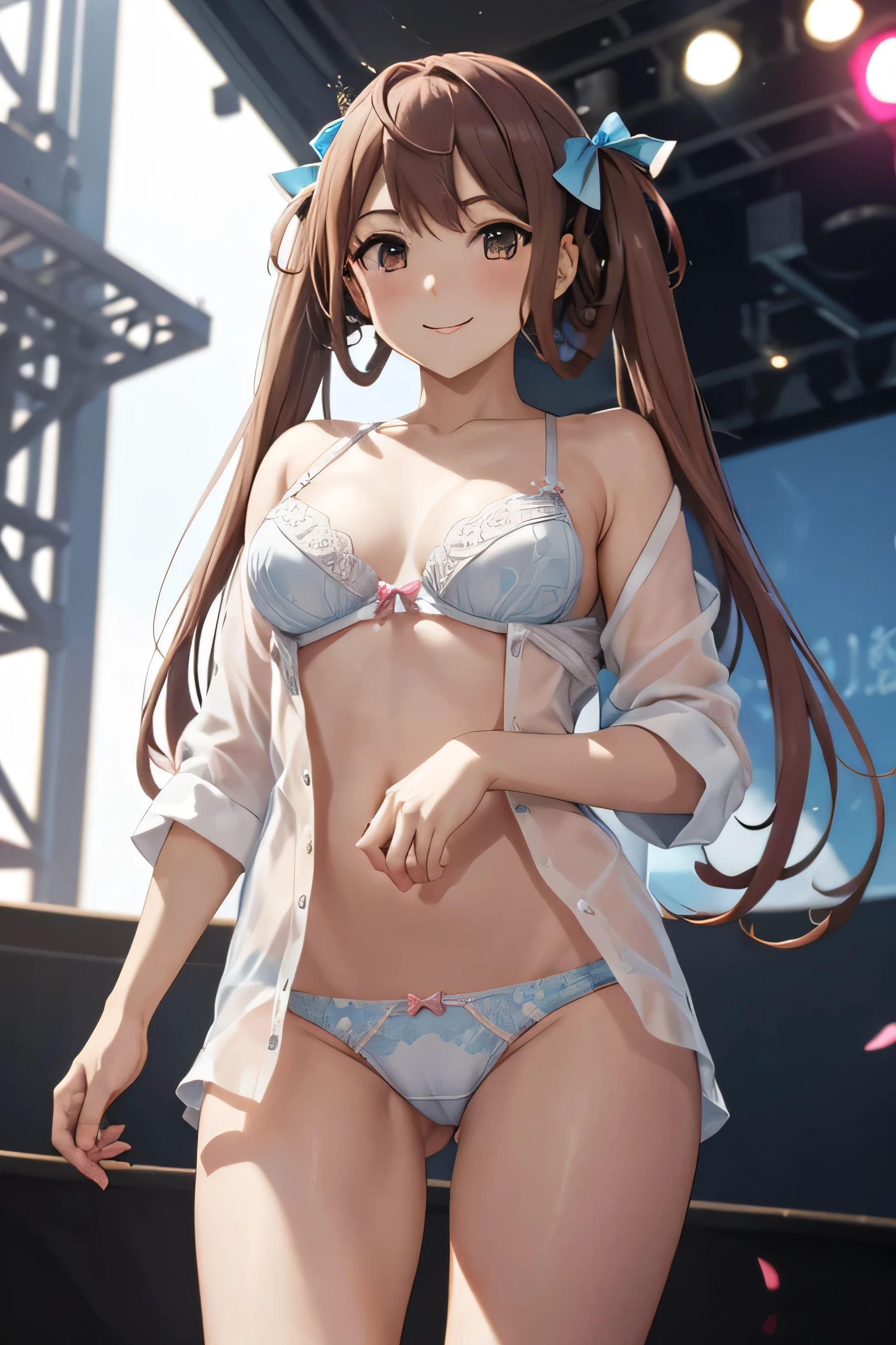 Asagumo KC, (hair) ribbon, Completely naked, underwear:1.5, panties:1.5, good:1.5, headset, underwear姿で歌う, shoes, 長hair, twin tails, 茶hair, full body shot, audience席から見上げる, smile, front, (outdoor, outdoor stage, on stage, audience),