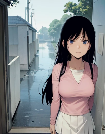 American comics, The comic story is presented in multiple irregular panels with color. 15-year-old girl walks to school in the rain. El estilo es exagerado y detallado