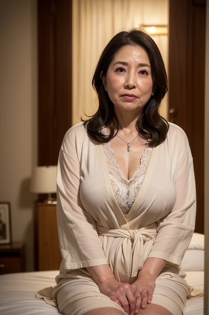 66 years old,(A MILF:1.1), a captivating gaze,long old gray hair,Brown eyes, (A lot of wrinkles on her face:1.4), (There are many wrinkles on her chest1.4),Old Woman, Detailed wrinkles (8K, High resolution,ultra-quality, An ultra-high picture quality,Ultrarealistic,Best Quality,masuter piece:1.2)(no bra,breasts are large,Large cleavage:1.1) ,(Old Woman in Japan) ,sexy langeries,eyes visible through hair, Proper eye position,Cinematic Light,Soft light,lower back,Night time,Soft moonlight,detailed color graded background,Convoluted, ighly detailed,8K,Overall silhouette,Bedrooms,Looking down