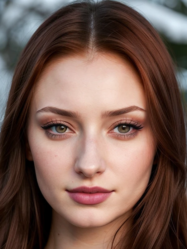 (((slavic woman))), (((heart shaped face))), ((look like Sophie Turner)), (((narrow chin))), look like Felicity Jones, sansa stark,brunette with long brown hair, (brunette hair), light brown eyes, ((brown eyes)), posing for a picture, photorealistic beautiful face, realistic beautiful face, photo realistic, photorealistic faces, beautiful and realistic face, ultra realistic portrait,25 year-old, shoulder-length curvy hair, ((deep set eyes)), ((brown eyes)), plum color lipstick, (((very thin eyebrows))),(winged eyebrows), ((eyebrows like sansa stark )), ((thin lips)), big eyeliner, heavy blue eyeshadow, black eye shadow, white face skin, (((pale skin))), (((closed mouth))), (((mean face))), (((serious face))), regina like, elegant ,icy beauty, cold belle, ((evil smile)).