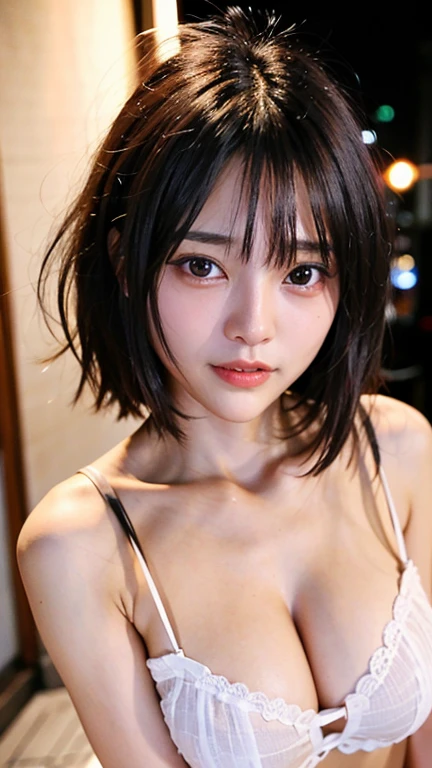 1 girl、tokyo street、night、cityscape、city lights、Upper body、Close-up、laughter、、(8K、Raw photo、highest quality、masterpiece:1.2)、 laughter,(realistic、photo realistic:1.37)、
