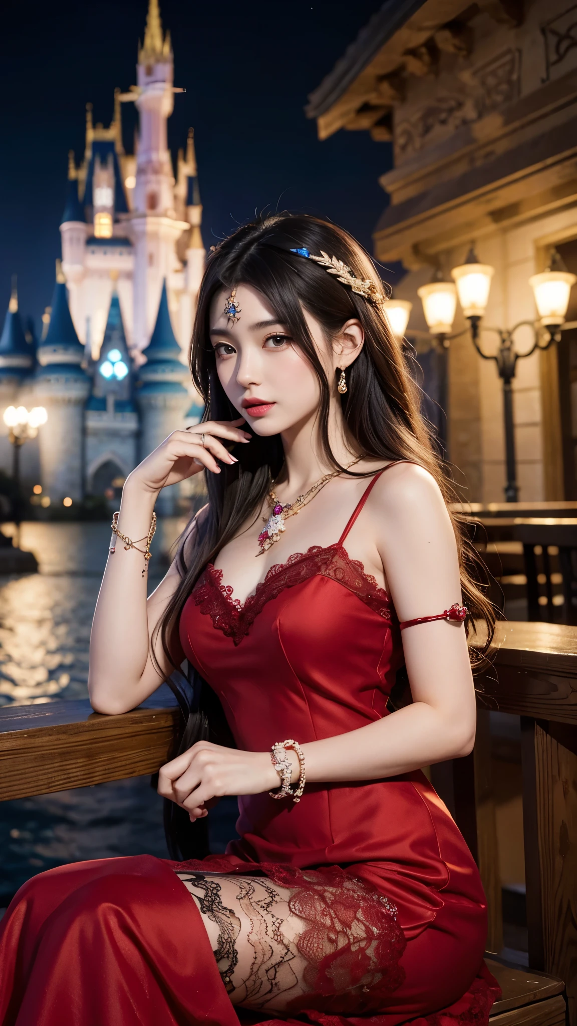 8K, ultra HD, masterpiece, realistic, 1 girl, good face, smoggy makeup, very long hair, princess hairstyle, detailed eyes, detailed lips, medium figure, very detailed dress, (red dress:1.5), (strap:1.5), (lace:1.5), (net stocking:1), (jewelry:1.8), (disney castle), night sky, water, bloom lighting, night lighting, darkness, sitting,