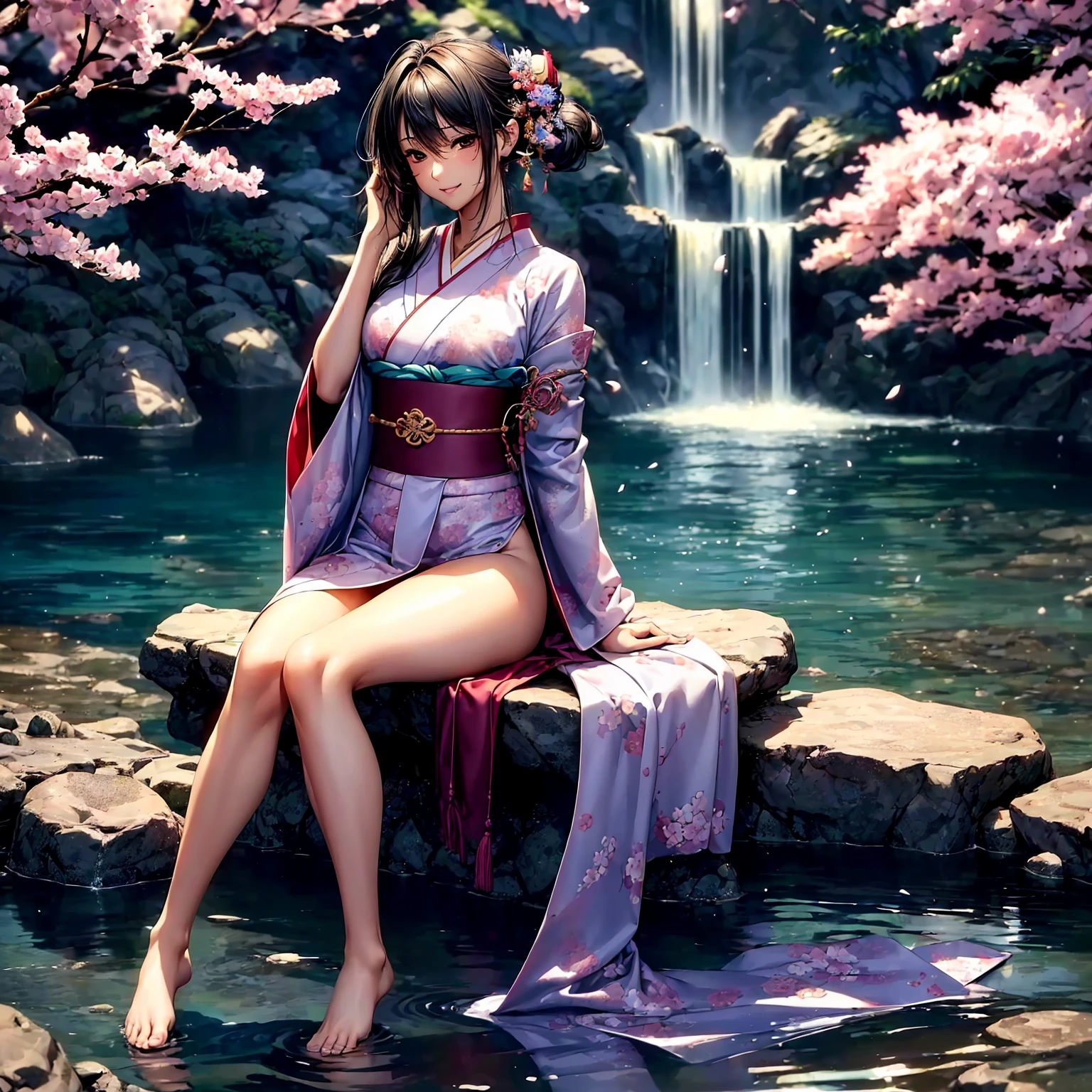 (((highest quality、masterpiece、very high resolution、highly detailed images、detailed details)))、(A woman of perfect and ultimate beauty:18-year-old, beautiful body:Slender and beautiful breasts、beautiful face:smile、beautiful hair:various hairstyles)、(best skin and hair texture)、((japanese kimono:Beautiful Japanese pattern and colorful,shoulders are exposed,I can see my thighs)),(Fantastic waterside,There is a waterfall,Night cherry blossoms and lanterns,mysterious night sky,natural light,beautiful scenery,beautiful scenery),(beautiful pose:sitting,model shoot),(bijinga,Overall image、highly detailed images、accurate image:1.5、accurate anatomy:1.5、Image without defects,perfect image,Overall image),(best shot,RAW photo:1.2)