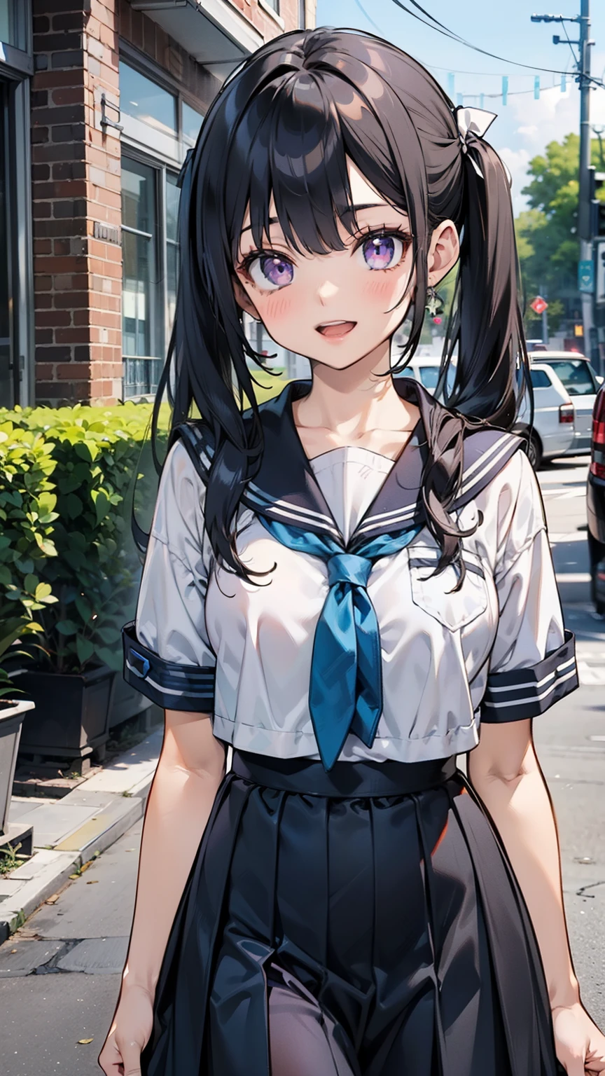 body 8 times longer than head, (Highly detailed CG unity 8k), （highest quality），（very detailed），（ultra high resolution）, black hair, High school girl wearing a navy sailor suit, Anime 2D rendering, realistic young anime high school girl, （White headband）, smile, purple eyes, small breasts, tall, slanted eyes, school scenery, black stockings, bright color, open your mouth a little, Dark blue skirt, twin tails, Tie your hair with a white ribbon, 