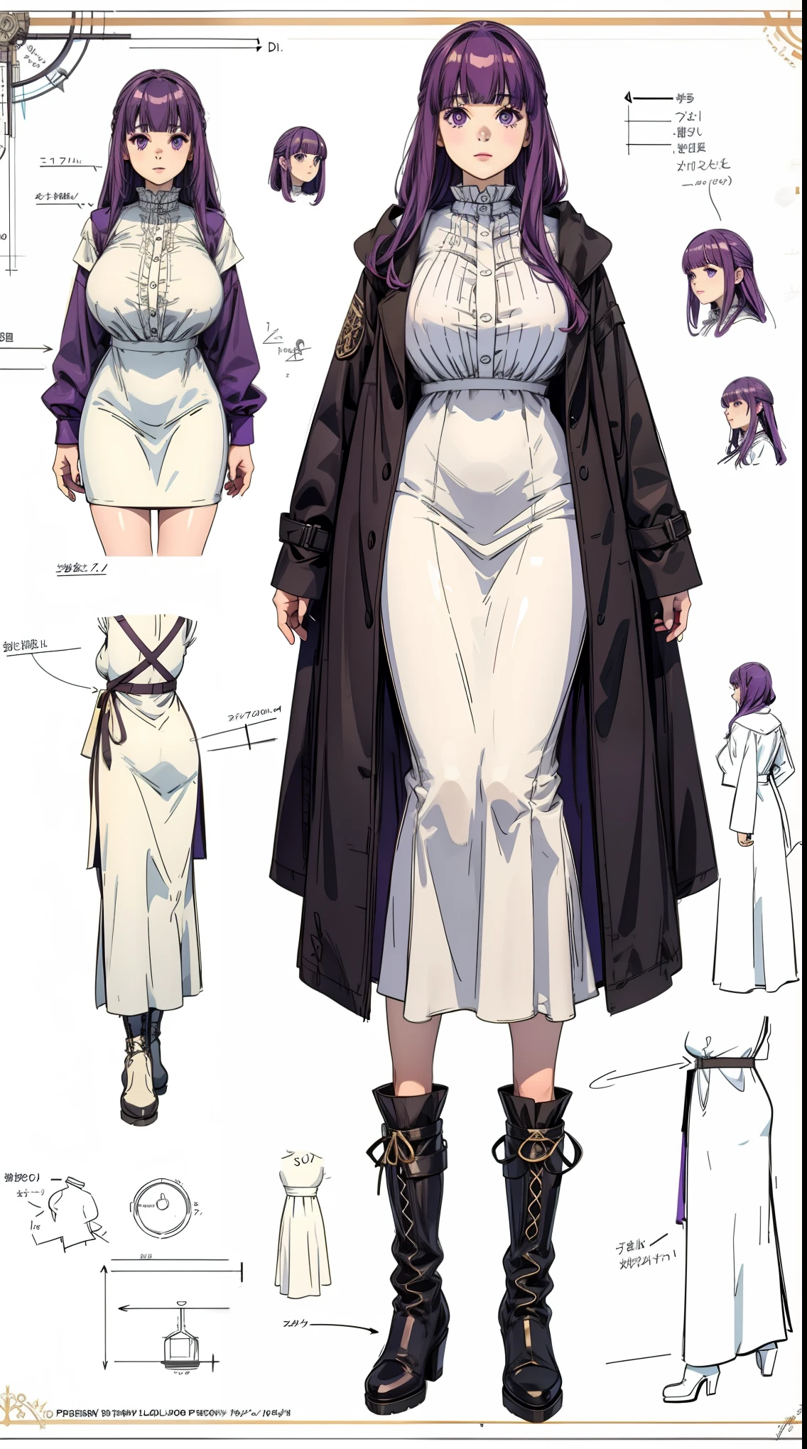 girl, solo, full body, from head to toe, standing, (Huge_Breasts:1.3),

Character Design Sheet, character reference sheet, Blueprint Schematic Drawing, technical drawing, blueprint, schematic,
((Character Design Sheet:1.7, character reference sheet:1.7,)),

fern, fern_clothes,

an anime character with purple hair and purple dress under a long coat,purple hair, purple eyes, bangs, long hair, full body, dress,boots, long sleeves, standing, black footwear, white dress, blunt bangs