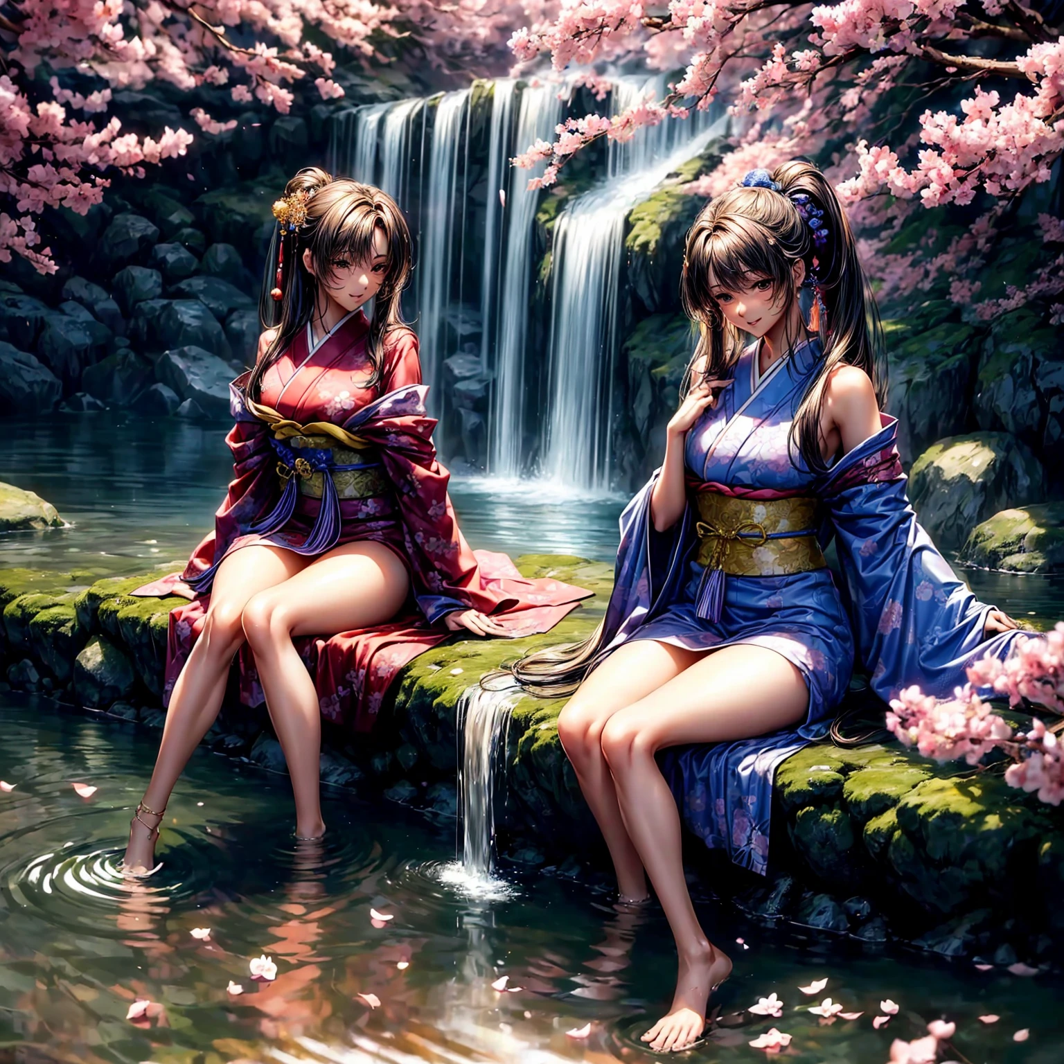 (((highest quality、masterpiece、very high resolution、highly detailed images、detailed details)))、(A woman of perfect and ultimate beauty:18-year-old, beautiful body:Slender and beautiful breasts、beautiful face:smile、beautiful hair:various hairstyles)、(best skin and hair texture)、((japanese kimono:Beautiful Japanese pattern and colorful,shoulders are exposed,I can see my thighs)),(Fantastic waterside,There is a waterfall,Night cherry blossoms and lanterns,mysterious night sky,natural light,beautiful scenery,beautiful scenery),(beautiful pose:sitting,model shoot),realistic portrait,Overall image、highly detailed images、accurate image:1.5、accurate anatomy:1.5、Image without defects,perfect image,Overall image,(best shot,RAW photo:1.2)