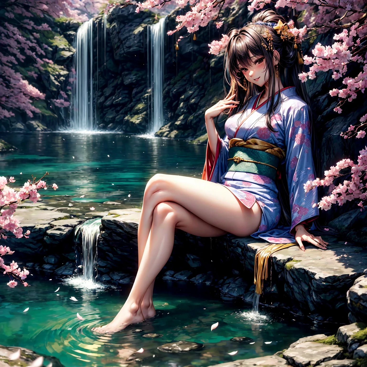 (((highest quality、masterpiece、very high resolution、highly detailed images、detailed details)))、(A woman of perfect and ultimate beauty:18-year-old, beautiful body:Slender and beautiful breasts、beautiful face:smile、beautiful hair:various hairstyles)、(best skin and hair texture)、((japanese kimono:Beautiful Japanese pattern and colorful,shoulders are exposed,I can see my thighs)),(Fantastic waterside,There is a waterfall,Night cherry blossoms and lanterns,mysterious night sky,natural light,beautiful scenery,beautiful scenery),(beautiful pose:sitting,model shoot),realistic portrait,Overall image、highly detailed images、accurate image:1.5、accurate anatomy:1.5、Image without defects,perfect image,Overall image,(best shot,RAW photo:1.2)