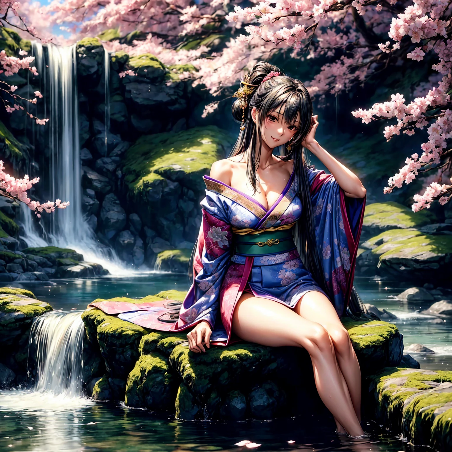 (((highest quality、masterpiece、very high resolution、highly detailed images、detailed details)))、(A woman of perfect and ultimate beauty:18-year-old, beautiful body:Slender and beautiful breasts、beautiful face:smile、beautiful hair:various hairstyles)、(best skin and hair texture)、((japanese kimono:Beautiful Japanese pattern and colorful,shoulders are exposed,I can see my thighs)),(Fantastic waterside,There is a waterfall,Night cherry blossoms and lanterns,mysterious night sky,natural light,beautiful scenery,beautiful scenery),(beautiful pose:sitting,model shoot),realistic portrait,Overall image、highly detailed images、accurate image:1.5、accurate anatomy:1.5、Image without defects,perfect image,Overall image,(best shot,RAW photo:1.2)