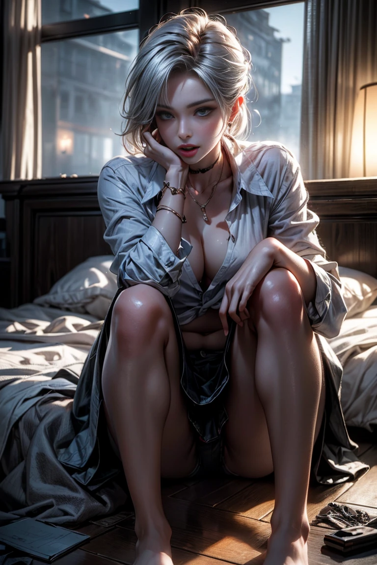 (best quality:1.6), (masterpiece:1.2), (realistic:1.4), taller slim woman, (hair over one eye:1.3), (mekakure:1.3), (tongue out:1.3), (show her tongue:1.3), (asymmetrical hair:1.1), (silver hair:1.2), (dark eye makeup:1.3), (Dark black eyeshadow:1.3), (handsome face:1.3), (brown skin:1.4), (tanned skin:1.3), (bronze skin:1.3), (mahogany colored skin:1.3), gorgeous eyes, stick out her tongue and open her mouth wide, toned abs, half-closed eyes, (open legs:1.1), (knees up:1.2), (staring at me:1.2), provocative sadistic smile, arm to head, front open shirt, unbuttoned to the belly, confident expression, many piercings, bare foot, bare legs, luxurious bedroom, dynamic pose, cinematic angle, Detailed drawing, perfect anatomy, (High Resolution), (high detailed skin), ((top-quality)), ((High Definition)), high quality shadow, mostly cloudy sky, detailed background, ((Unbeatable masterpiece)), Maximum clarity and sharpness, Multi-layer Textures, Post-Processing, Anisotropic Filtering, octane render, two-tone lighting, professional photography, Realistic portrait, White balance, Long Exposure, Low ISO, 8K RAW, perfect hands, detailed fingers, Ray Tracing, Depth of Field, (((Photorealistic))), anatomically correct, (((Best Quality))), (((Super Detail))), (((UHD)))