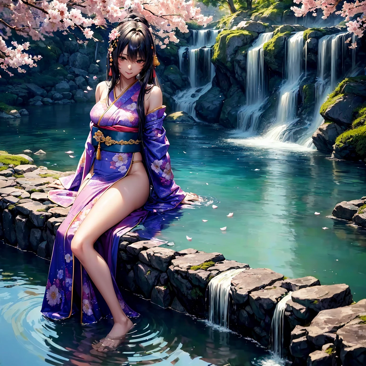 (((highest quality、masterpiece、very high resolution、highly detailed images、detailed details)))、(A woman of perfect and ultimate beauty:18-year-old, beautiful body:Slender and beautiful breasts、beautiful face:smile、beautiful hair:various hairstyles)、(best skin and hair texture)、((japanese kimono:Beautiful Japanese pattern and colorful,shoulders are exposed,I can see my thighs)),(Fantastic waterside,There is a waterfall,Night cherry blossoms and lanterns,mysterious night sky,natural light,beautiful scenery,beautiful scenery),(beautiful pose:sitting,model shoot),(realistic portrait,Overall image、highly detailed images、accurate image:1.5、accurate anatomy:1.5、Image without defects,perfect image,Overall image),(best shot,RAW photo:1.2)