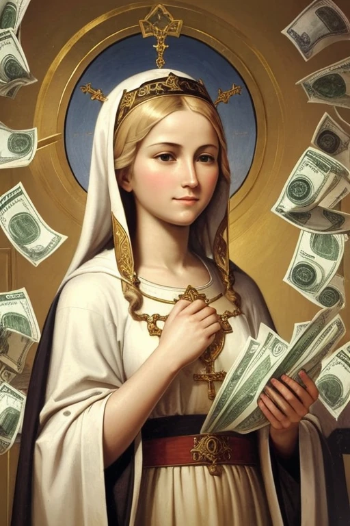 Produce a religious catolic painting of Our Lady of Money with blond hair holding a lot of money. Money, money everywhere.