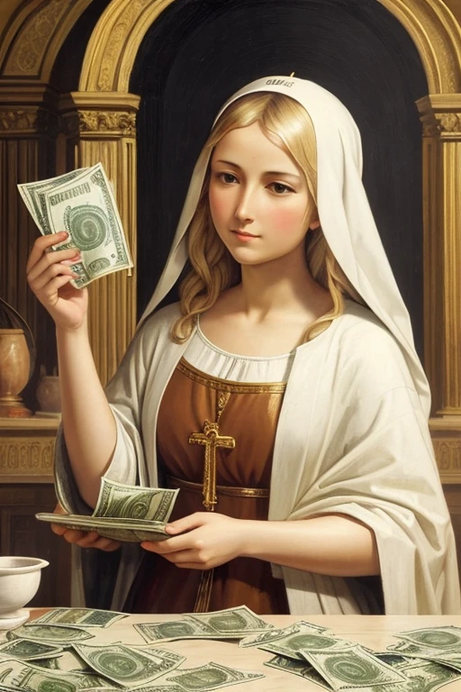 Produce a religious catolic painting of Our Lady of Money with blond hair holding a lot of money. Money, money everywhere.