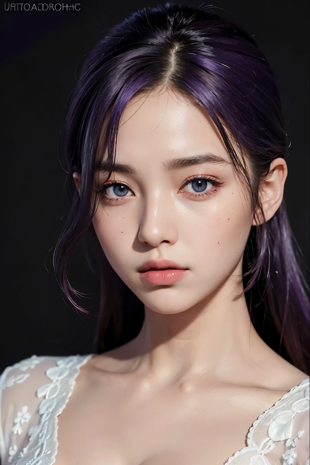 highest quality,masterpiece,very detailed,High resolution,4K,ultra High resolution,detailed shadow,ultra realistic,realistic,dramatic lighting,1 girl,alone,detailed face,realistic eyes,realistic skin,white dress,purple hair,dynamic pose, white lace dress