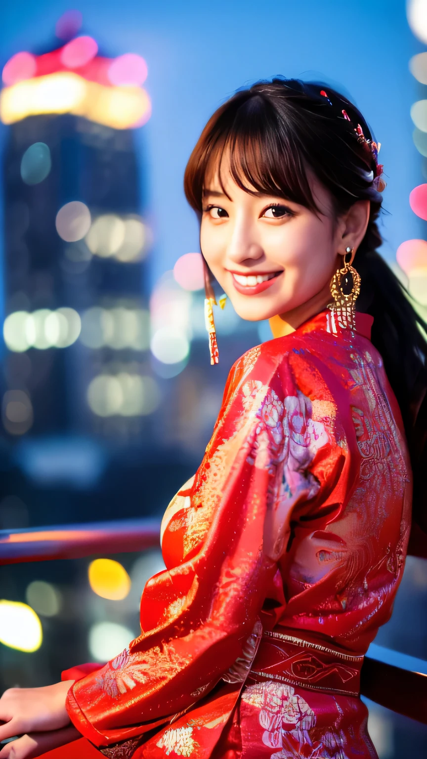(realistic, photo-realistic:1.4), (extremely detailed 8k wallpaper), sharp focus, bokeh, detailed beautiful eyes and skin, (Image from thighs to head:1.3), Canon R5 50mm, (Japanese idol:1.4), 25yo, beautiful woman, smile, large breast, Bold red jumpsuit with statement earrings, Confident, Vibrant, Rooftop party, City skyline,