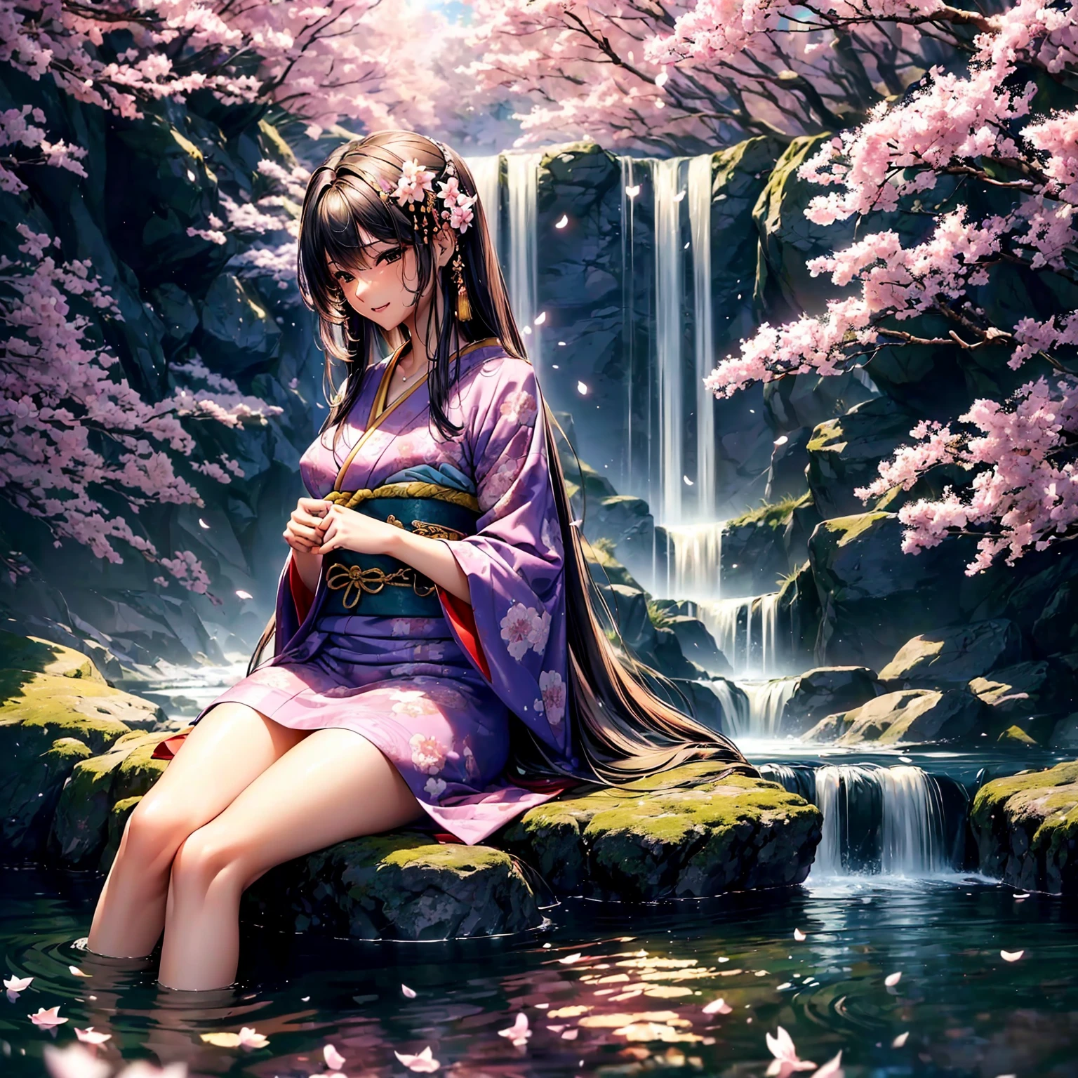 (((highest quality、masterpiece、very high resolution、highly detailed images、detailed details)))、(A woman of perfect and ultimate beauty:18-year-old, beautiful body:Slender and beautiful breasts、beautiful face:smile、beautiful hair:various hairstyles)、(best skin and hair texture)、((japanese kimono:Beautiful Japanese pattern and colorful,shoulders are exposed,I can see my thighs)),(Fantastic waterside,There is a waterfall,Night cherry blossoms and lanterns,mysterious night sky,natural light,beautiful scenery,beautiful scenery),(beautiful pose:sitting,model shoot),bijinga,realistic portrait,Overall image、highly detailed images、accurate image:1.5、accurate anatomy:1.5、Image without defects,perfect image,Overall image,(best shot,RAW photo:1.2)