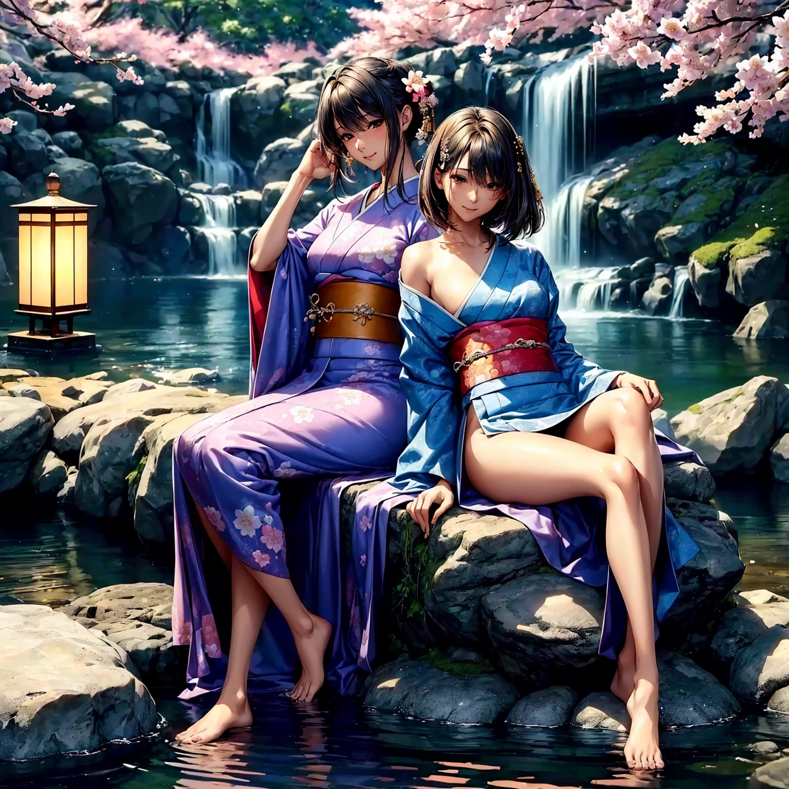 (((highest quality、masterpiece、very high resolution、highly detailed images、detailed details)))、(A woman of perfect and ultimate beauty:18-year-old, beautiful body:Slender and beautiful breasts、beautiful face:smile、beautiful hair:various hairstyles)、(best skin and hair texture)、((japanese kimono:Beautiful Japanese pattern and colorful,shoulders are exposed,I can see my thighs)),(Fantastic waterside,There is a waterfall,Night cherry blossoms and lanterns,mysterious night sky,natural light,beautiful scenery,beautiful scenery),(beautiful pose:sitting,model shoot),bijinga,realistic portrait,Overall image、highly detailed images、accurate image:1.5、accurate anatomy:1.5、Image without defects,perfect image,Overall image,(best shot,RAW photo:1.2)