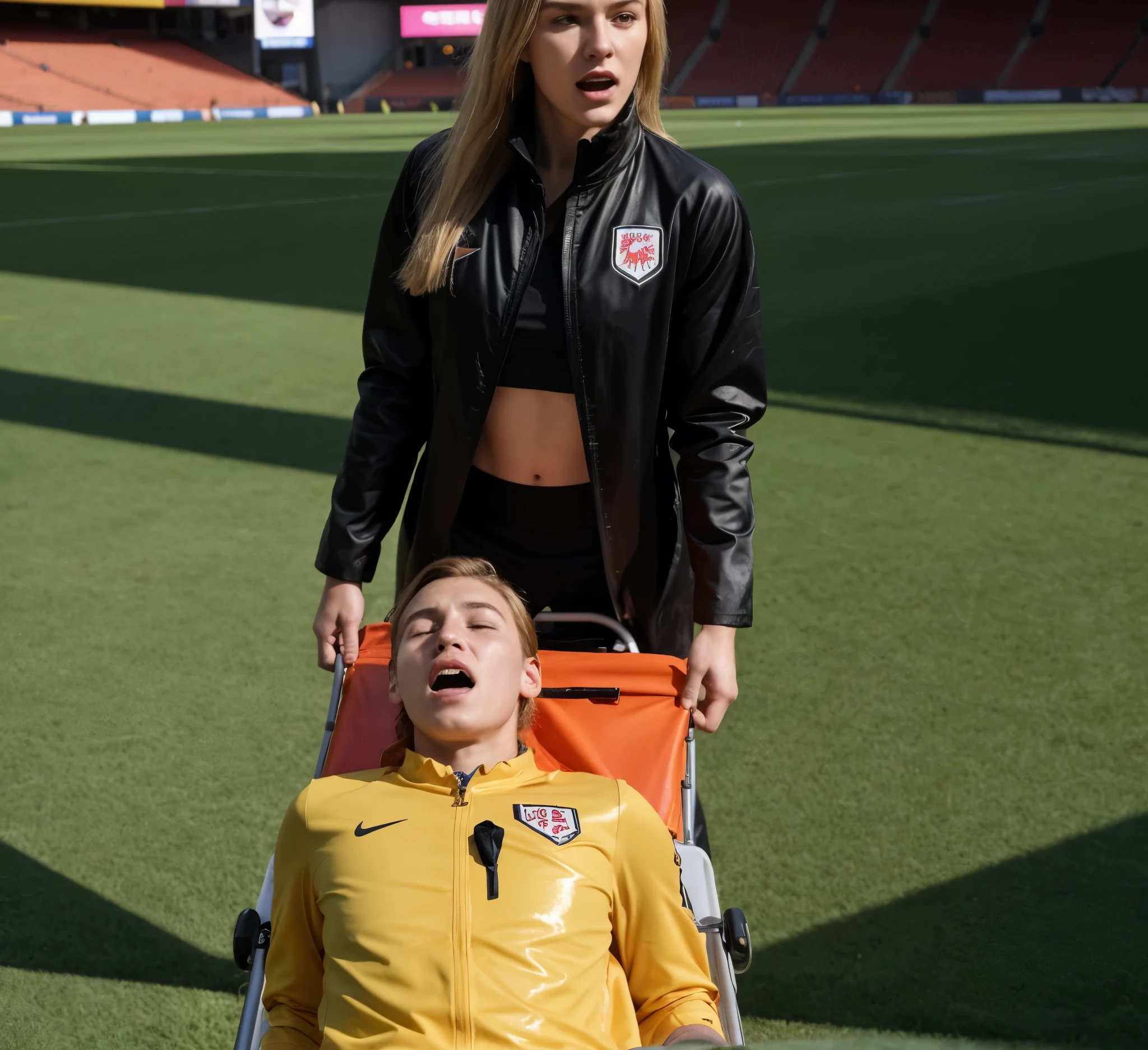 a bearded man lies on a stretcher, a wounded man on a stretcher, an injured soccer player with bearded face on a stretcher, very very glossy and slick downcoat, Photography of an injured sportsman on a stretcher being carried by a longhaired blond woman in a long black down coat, a shiny vinyl coat, a shiny black down coat, a high shine dark down coat, a young male soccer player in short sportswear is lying on his back on a stretcher and is grabbing his shin with his hands, hyperralistic, very realistic, ultrarealistic photorealistic, pgoto, photoreal, a young woman is wearing a high shine black downcoat and is holding a stretcher inside a sports stadium, a young madeup blond woman in a high-shine padded coat is shouting out for help and has a very sad and furious expression in her face, a sportsman is lying on a stretcher and has a very painful and suffering face, a young sportsman on a stretcher with a very painful expression in his face, dramatic action pose, sports accident, injury scene, theatralic pity pose, pity pityful, pain, a sportsman is lying on a stretcher and is crying in pain, a young madeup woman in a shiny coat is carrying a man on a stretcher inside a sports stadium, sports scene, stadium