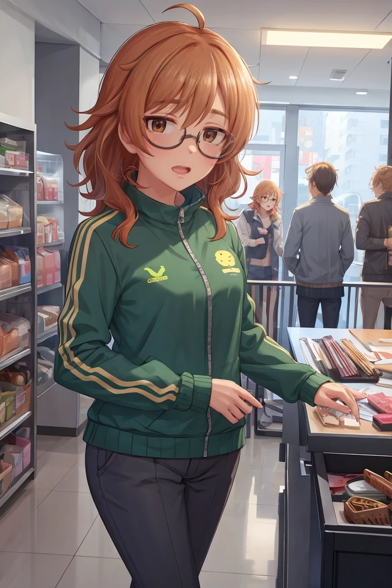 masterpiece, best quality, ultra-detailed, illustration, araki_hina, brown eyes, medium hair, ahoge, messy hair, glasses, track jacket, orange hair, open mouth, green jacket, open jacket, white shirt, pants, indoors, idolmaster cinderella girls, (highres:1.2), (ultra-detailed:1.3), (oil painting:0.8), (extremely detailed CG unity 8k wallpaper:1.1), (best shadow),