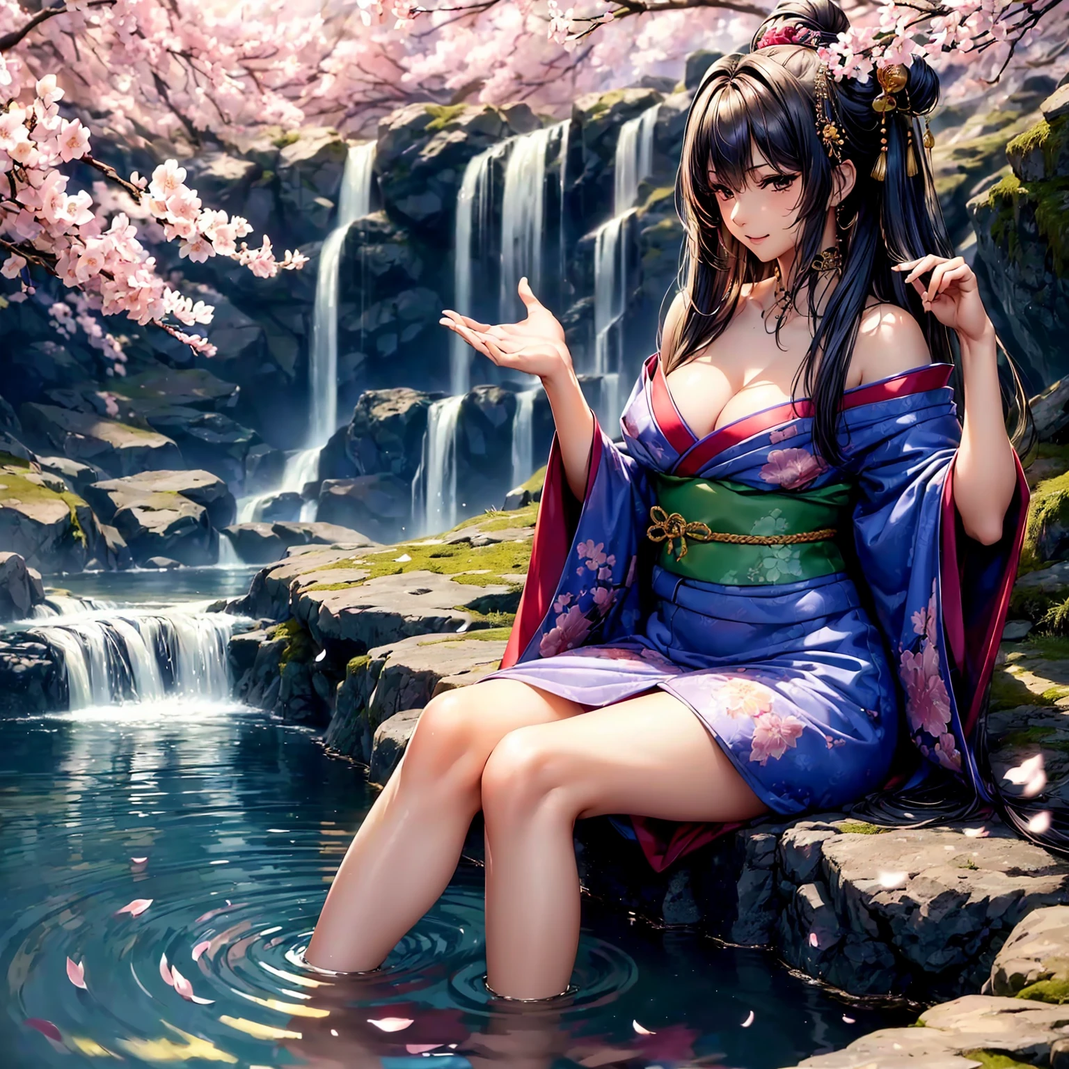 (((highest quality、masterpiece、very high resolution、highly detailed images、detailed details)))、(A woman of perfect and ultimate beauty:18-year-old, beautiful body:Slender and beautiful breasts、beautiful face:smile、beautiful hair:various hairstyles)、(best skin and hair texture)、((japanese kimono:Beautiful Japanese pattern and colorful,shoulders are exposed,I can see my thighs)),(Fantastic waterside,There is a waterfall,Night cherry blossoms and lanterns,mysterious night sky,natural light,beautiful scenery,beautiful scenery),(beautiful pose:sitting,model shoot),(bijinga,realistic portrait,Overall image、highly detailed images、accurate image:1.5、accurate :1.5、Image without defects,perfect image,Overall image),(best shot,RAW photo:1.2)