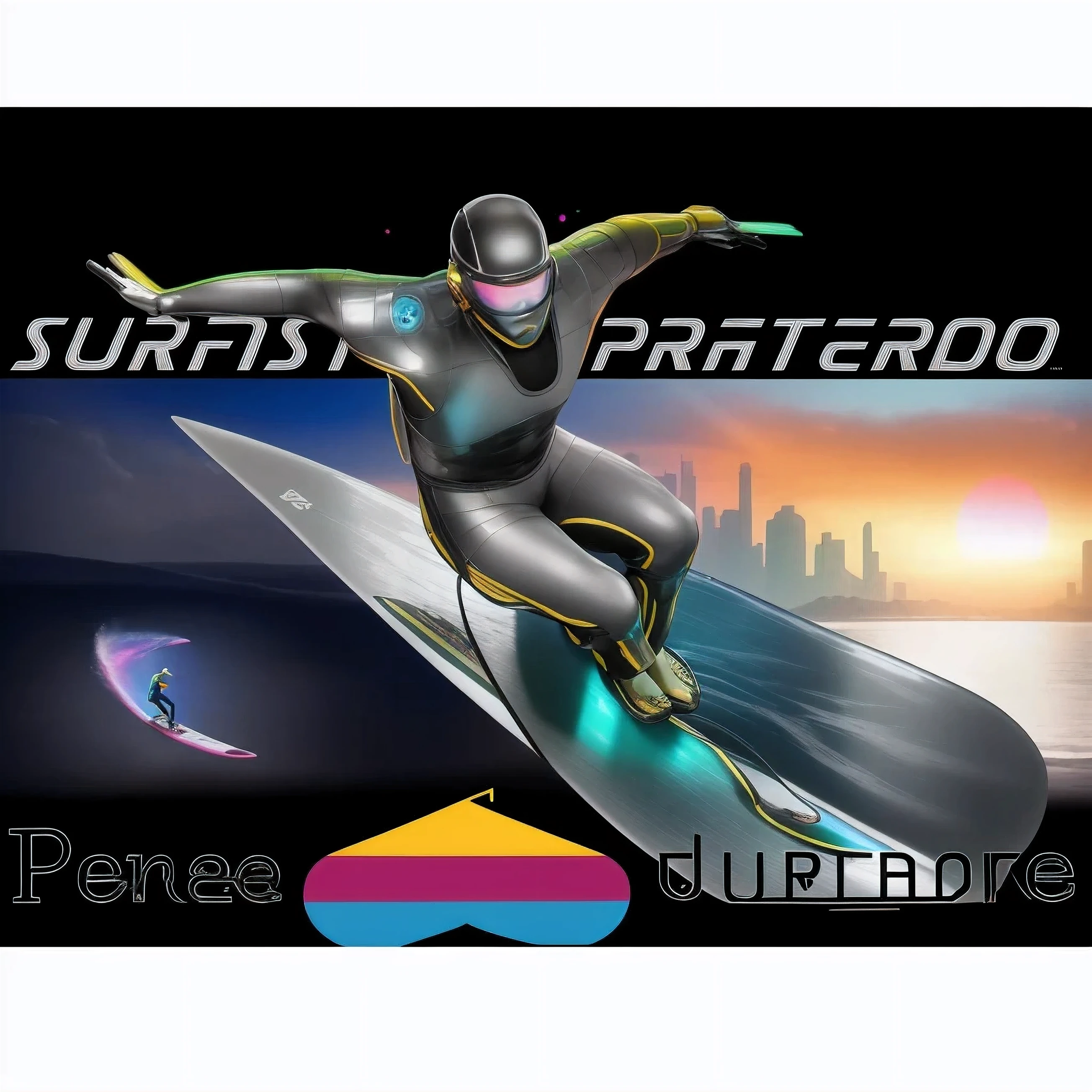 CLEAR image of a man surfing on a surfboard with a rainbow background, iridescent illustration, surreal, um defensor retropunk da natureza;, inspirado em cyberpunk, Surfista Prateado, Pense diferente, raiz, Deus 
