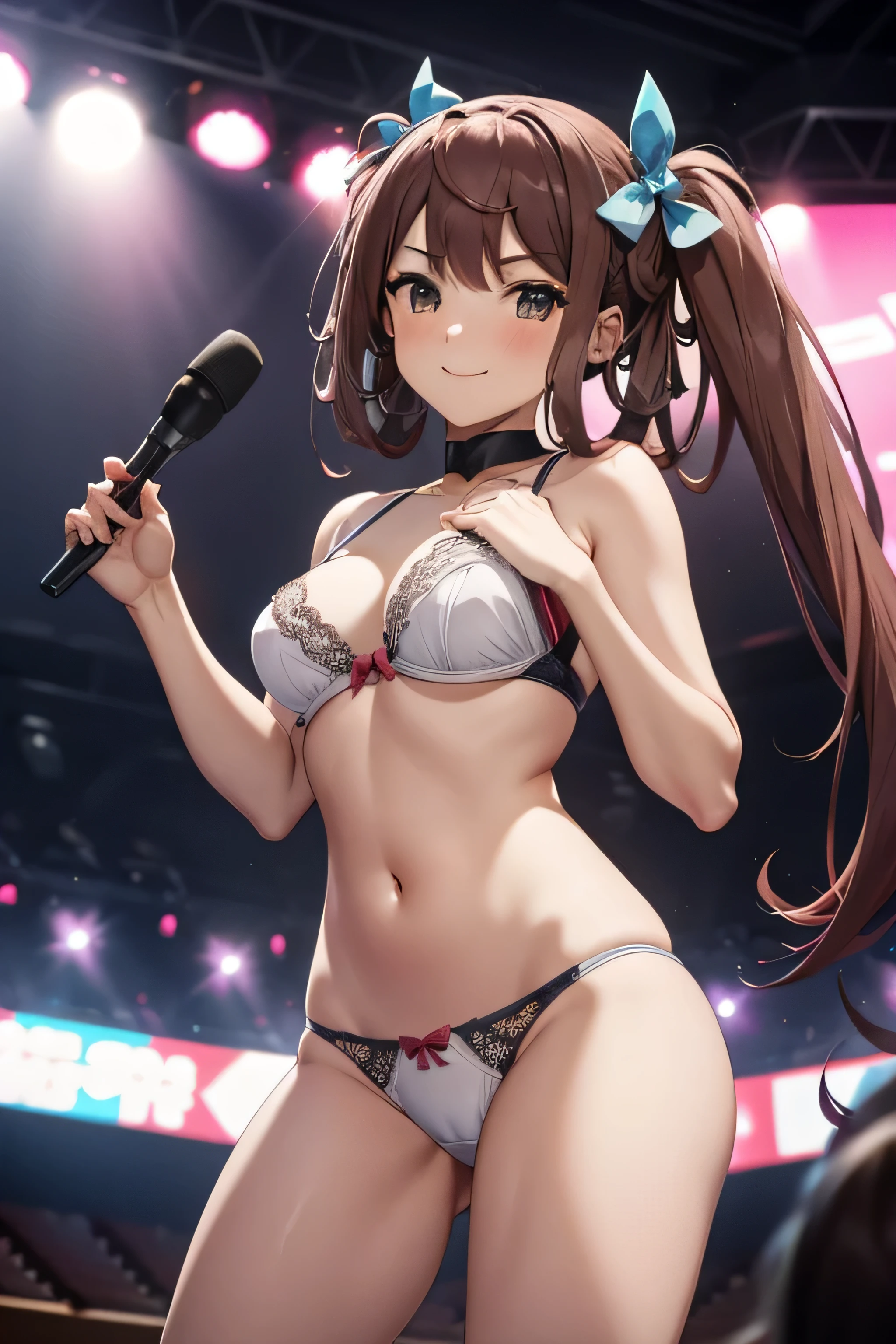 Asagumo KC, (hair) ribbon, Completely naked, underwear:1.5, panties:1.5, good:1.5, big breasts, headset, underwear姿で歌う, shoes, 長hair, twin tails, 茶hair, full body shot, Looking up from the audience, smile, front, (Event Venues, stage, on stage, Packed crowd),